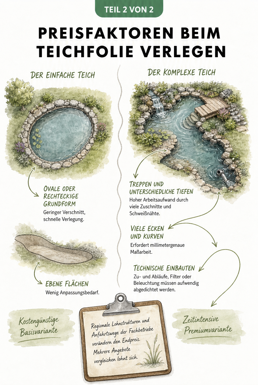 Vergleich zweier Gartenteiche aus der Vogelperspektive: einfacher ovaler Teich vs. komplexer Teich mit Treppen und Einbauten