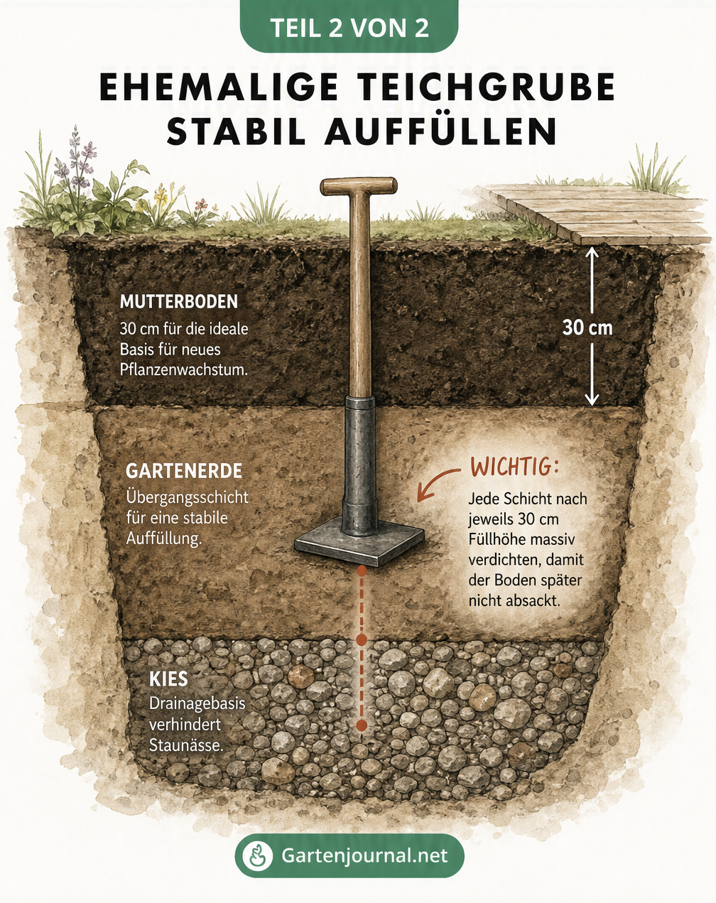 Querschnitt einer Teichgrube beim Auffüllen: Kiesschicht als Drainage, Gartenerde und Mutterboden, verdichtet mit einem Handstampfer