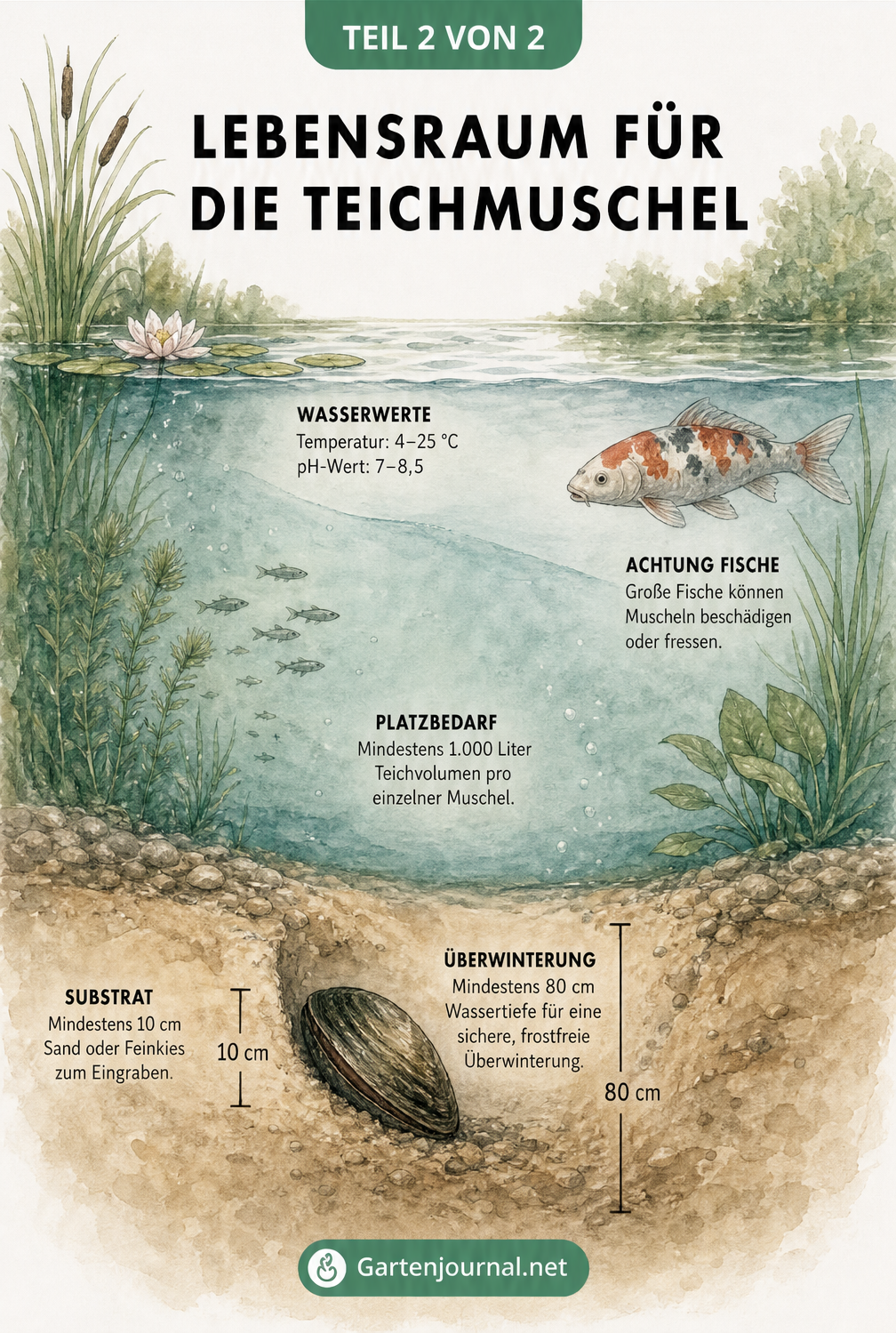 Querschnitt eines Gartenteichs mit Teichmuschel im Sandgrund, Wasserwerten und einem Koi-Karpfen