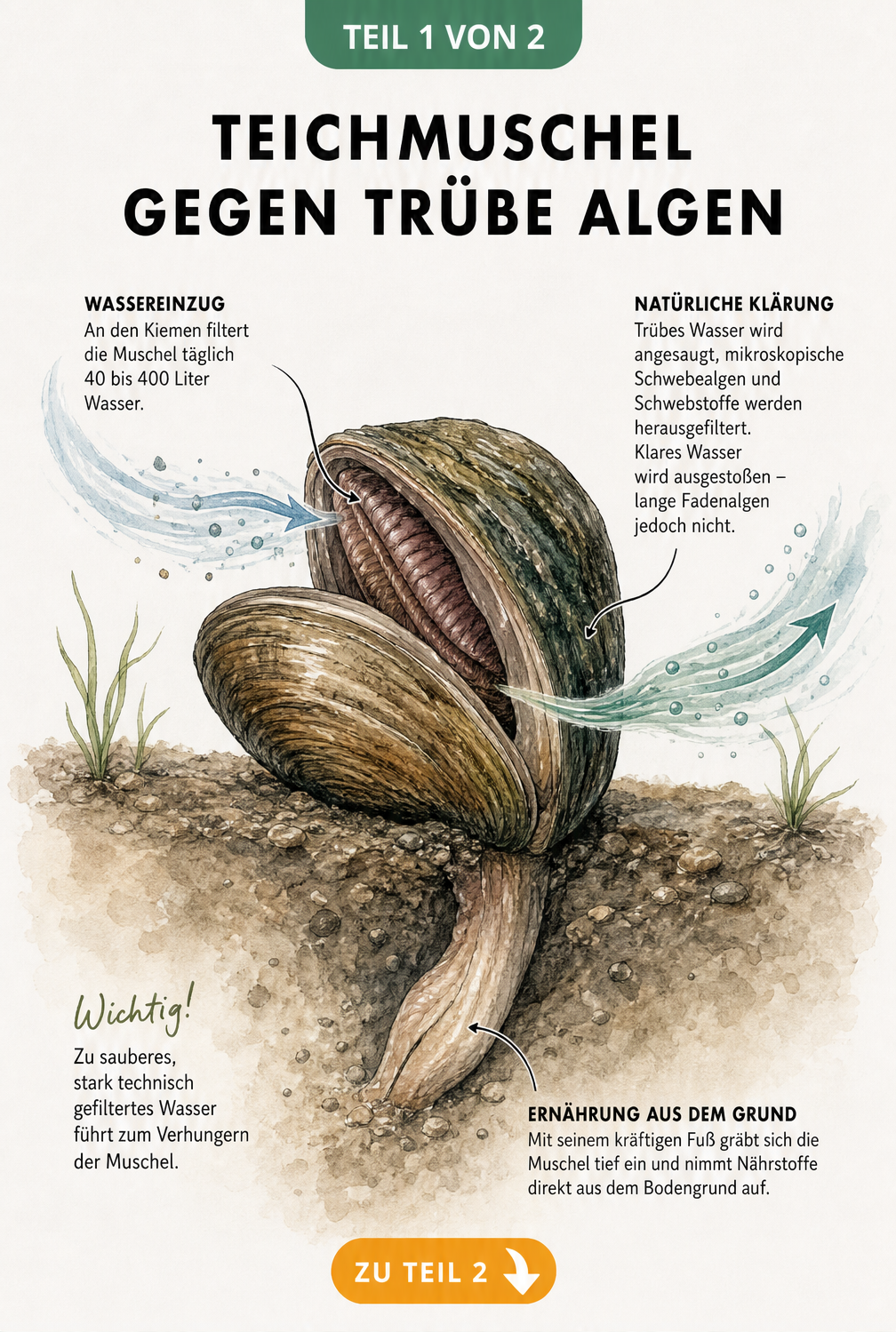 Zoologische Illustration einer Teichmuschel, die Wasser filtert und im Bodengrund verankert ist