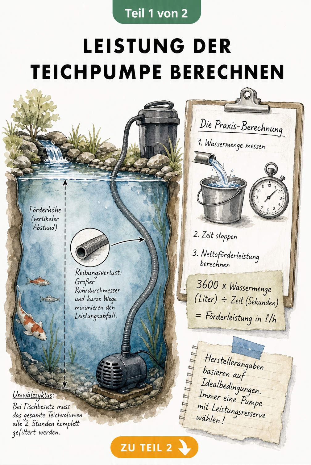 Querschnitt eines Gartenteichs mit Pumpe, Schlauch und Berechnungsformel für die Förderleistung