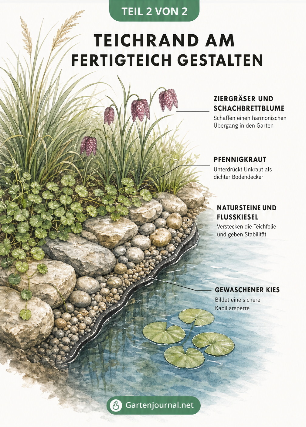 Isometrische Zeichnung der Teichrandgestaltung mit Kies, Natursteinen, Pfennigkraut und Ziergräsern am Übergang zum Garten
