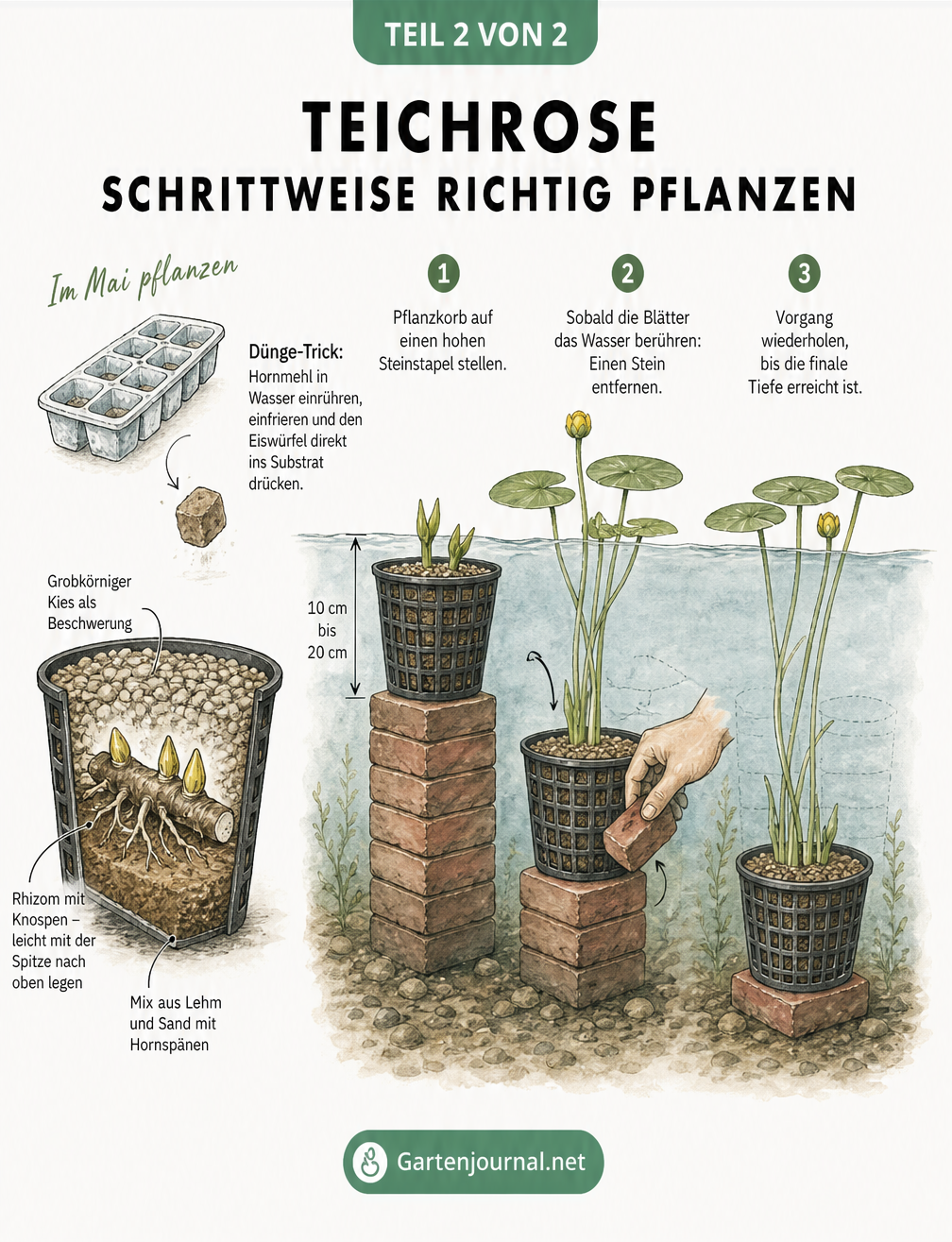 Schritt-für-Schritt-Anleitung zum Pflanzen einer Teichrose im Pflanzkorb mit Absenk-Methode auf Ziegelsteinen