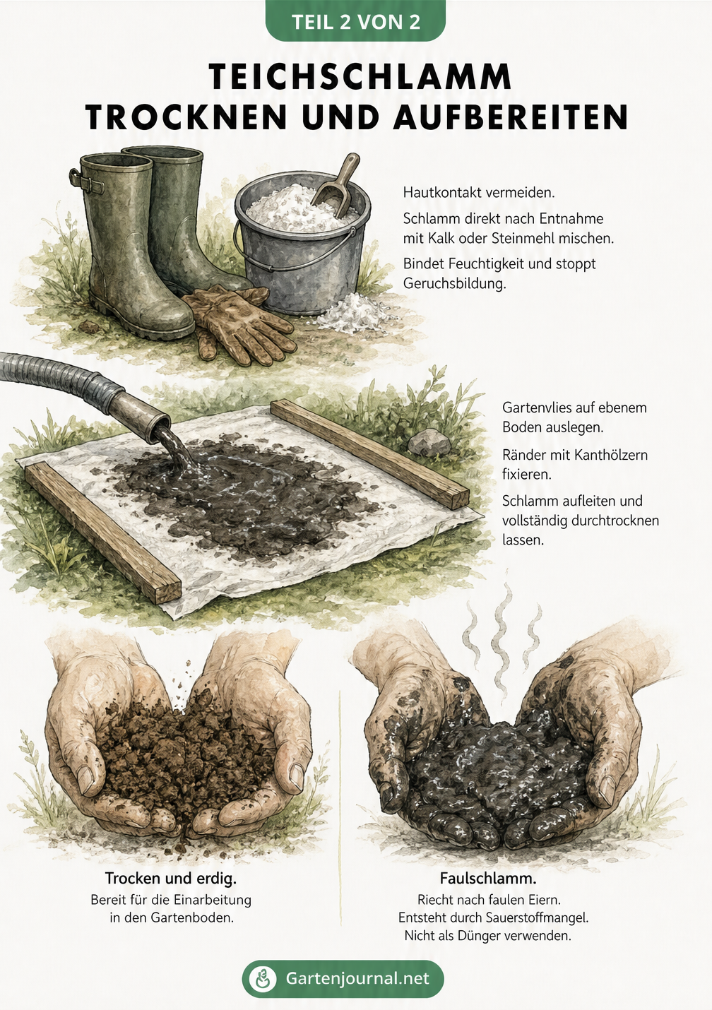 Skizze zur Aufbereitung von Teichschlamm: Vorbereitung mit Kalk, Trocknung auf Gartenvlies und Qualitäts-Check der Erde.
