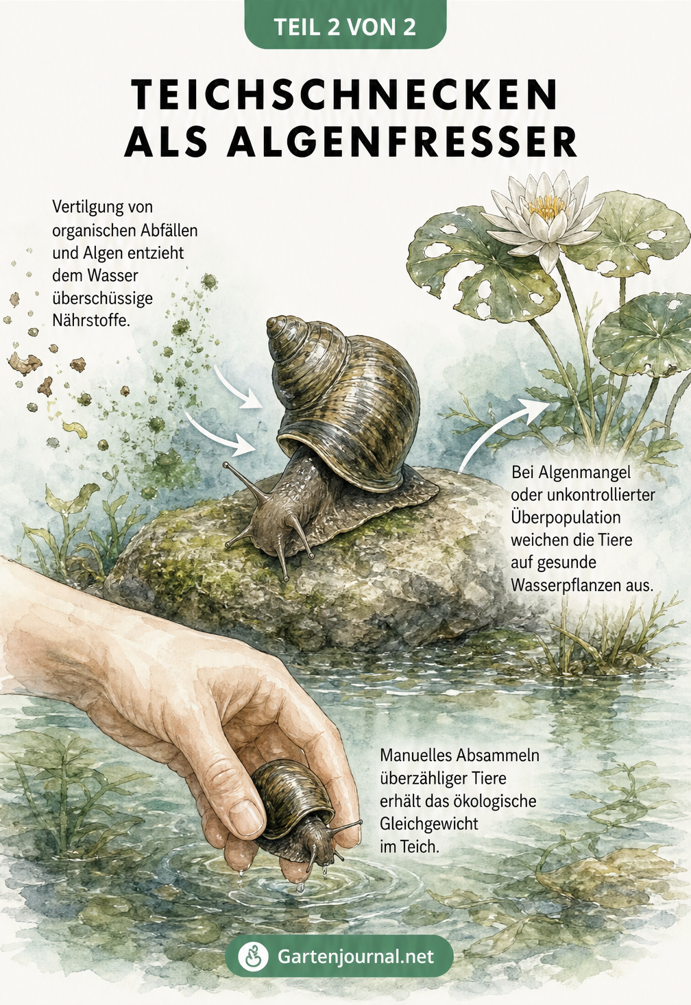 Illustration einer Teichschnecke, die organische Abfälle frisst, mit Hinweisen zu Nutzen und Risiken bei Überpopulation