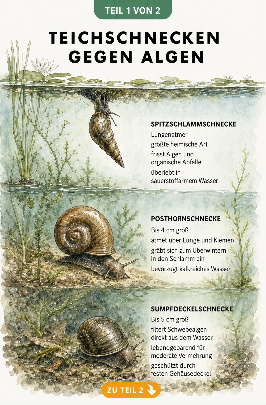 Querschnitt eines Gartenteichs mit Spitzschlammschnecke, Posthornschnecke und Sumpfdeckelschnecke in ihren Lebensräumen