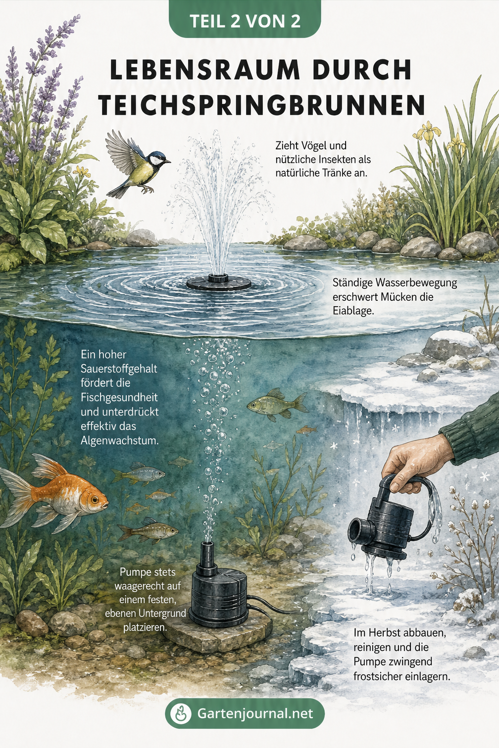 Querschnitt eines Teiches mit Springbrunnen, Fischen, Sauerstoffbläschen und Vögeln