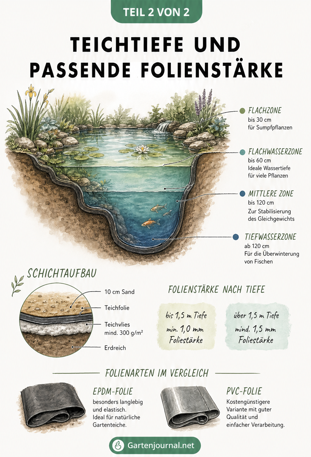 Querschnitt eines Gartenteichs mit Tiefenzonen und Materialempfehlungen für Teichfolie