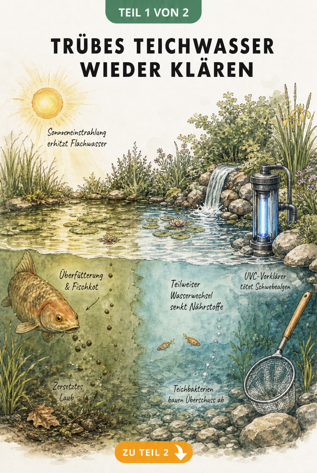 Illustration eines Gartenteichs, der von trübem, grünem Wasser zu klarem, blauem Wasser wechselt, mit Ursachen wie Sonneneinstrahlung und Überfütterung sowie...