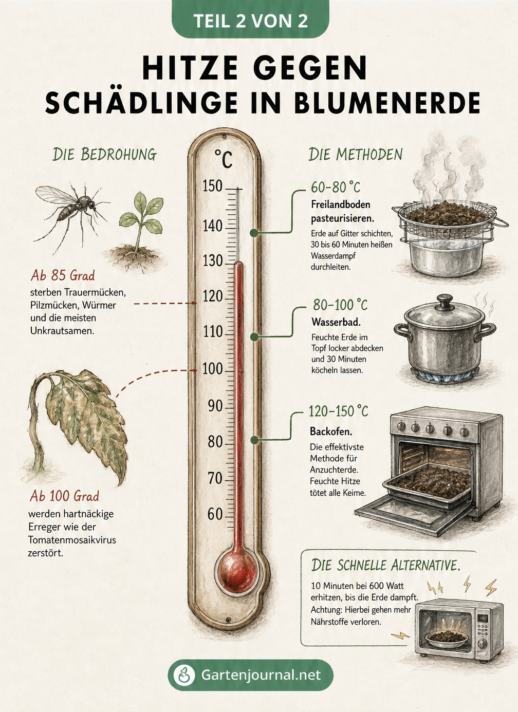 Vintage-Thermometer-Illustration, die zeigt, bei welchen Temperaturen Schädlinge wie Trauermücken und Viren in der Blumenerde absterben und welche Methoden...