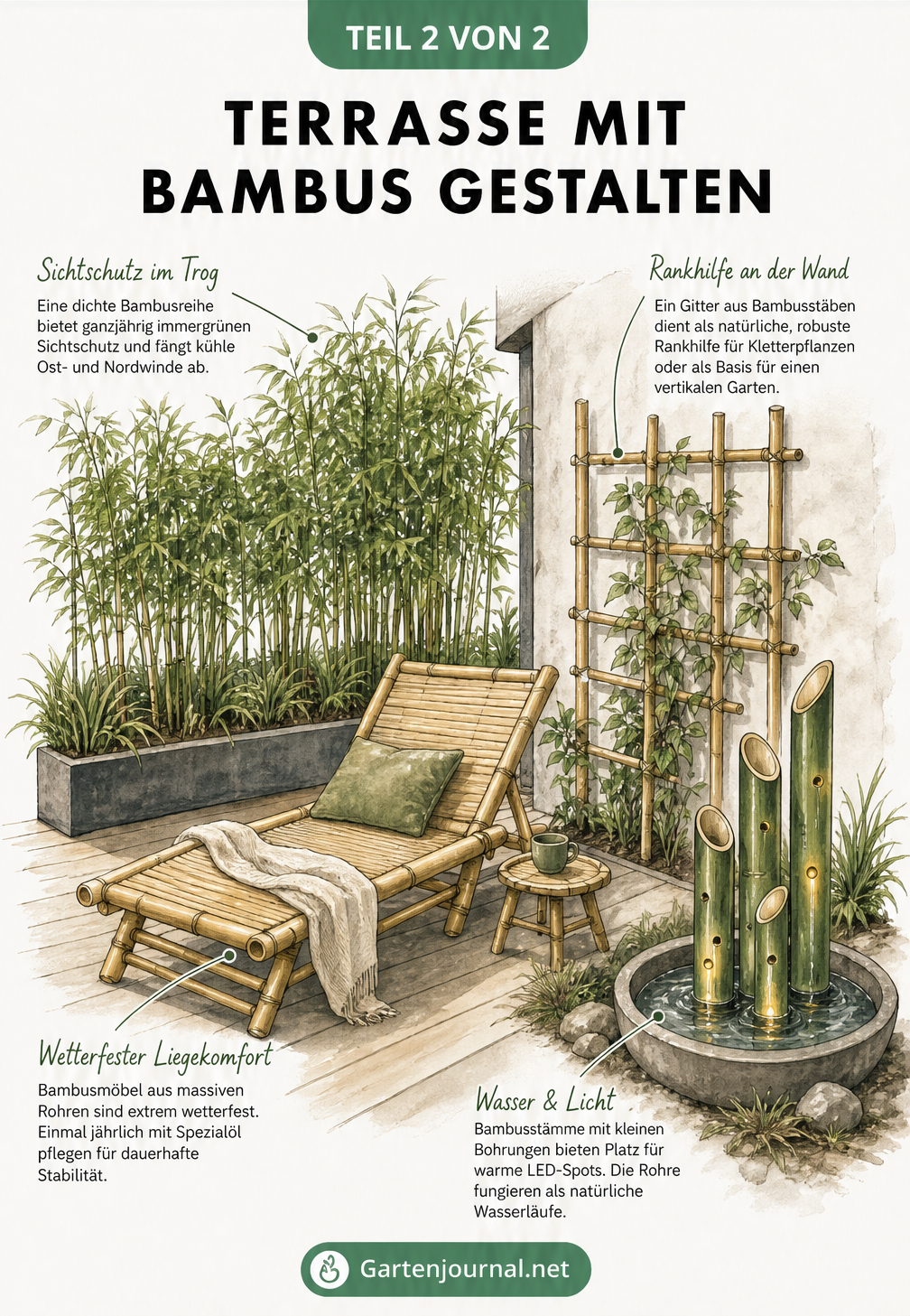 Illustration einer gemütlichen Terrasse mit Bambus-Sichtschutz, Bambus-Liegestuhl und Wasserinstallation