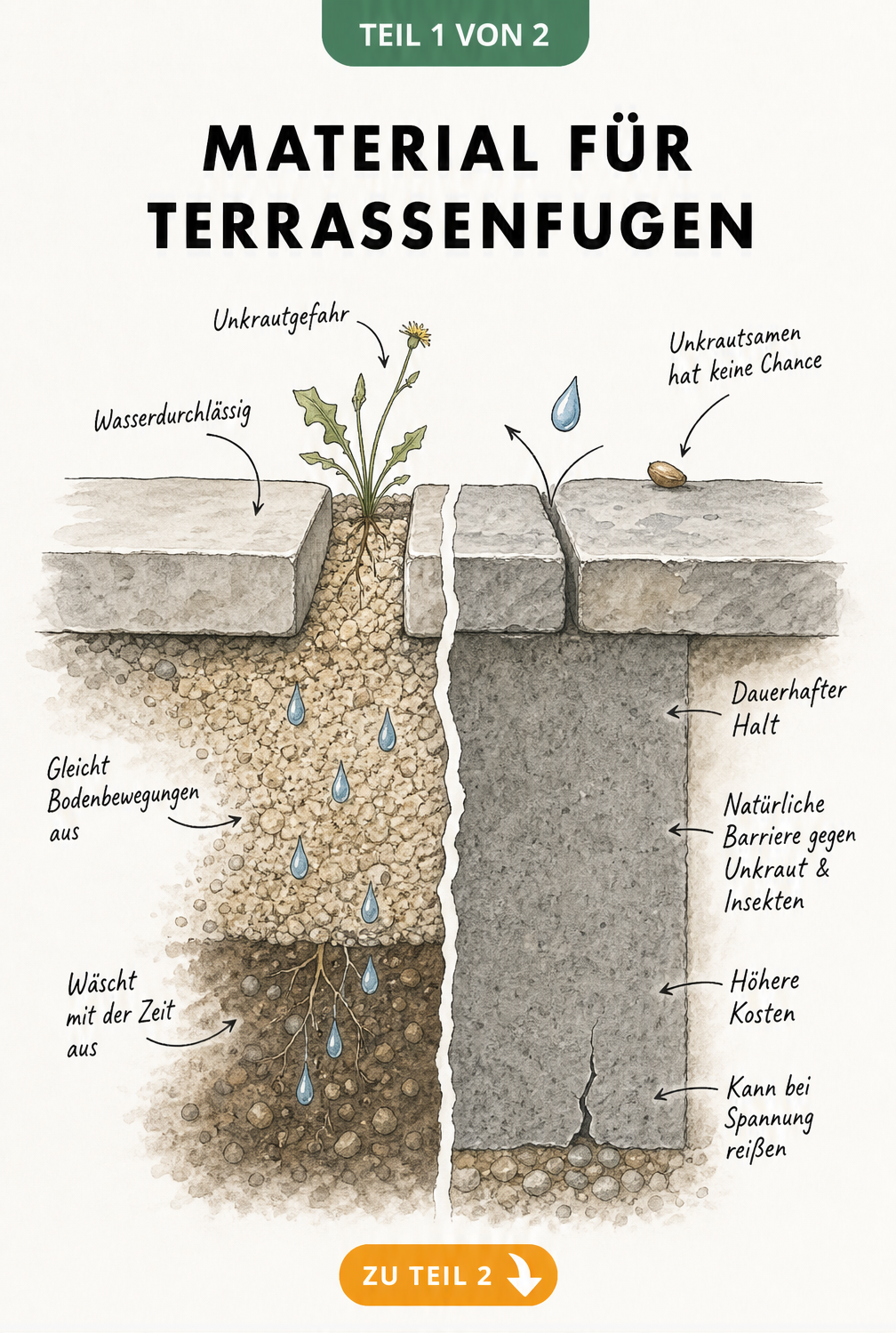Querschnitt einer Terrassenfuge: Links lose Fuge mit Quarzsand und Unkraut, rechts feste Fuge mit Pflasterfugenmörtel.