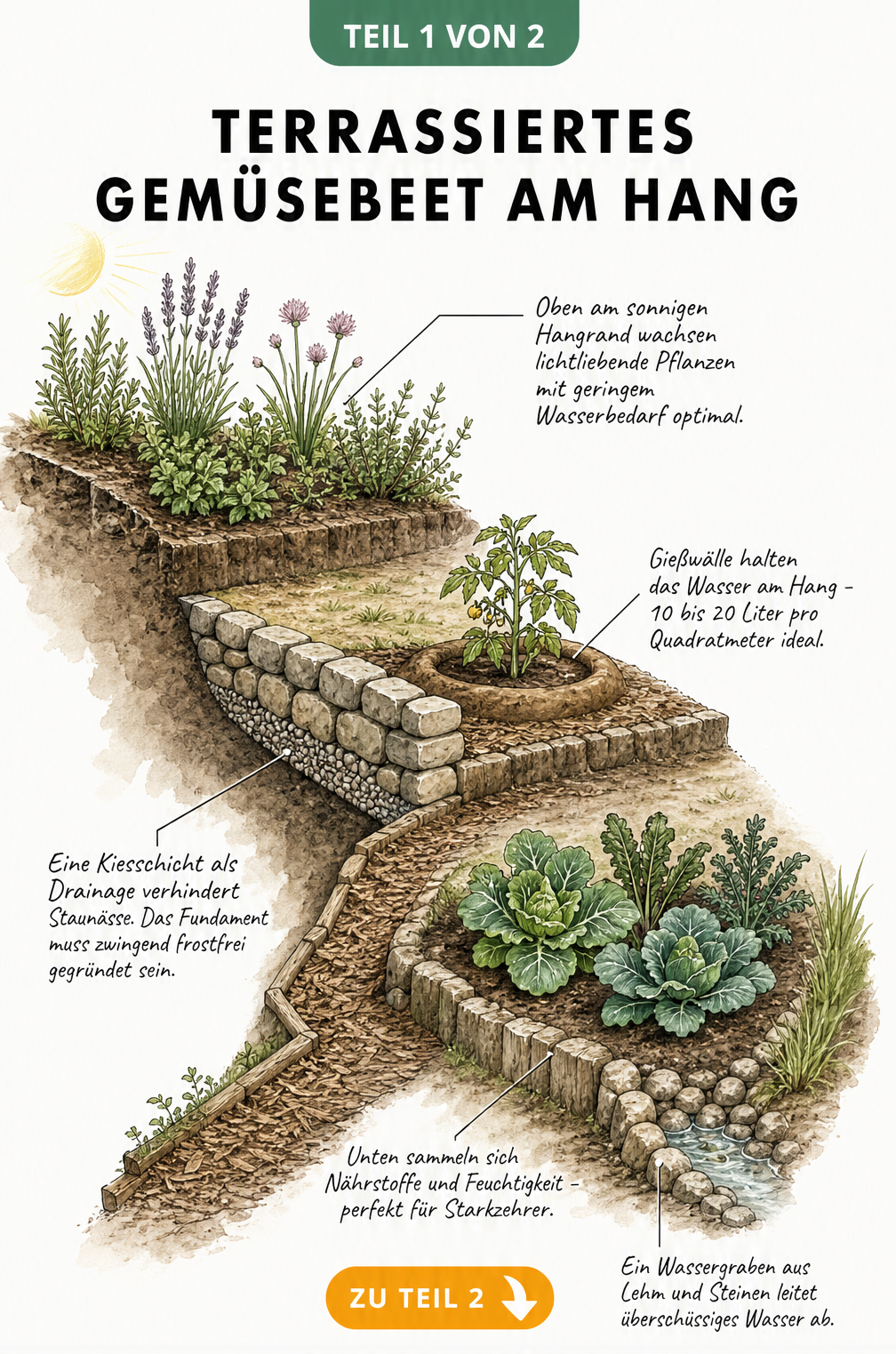 Querschnitt eines terrassierten Gemüsebeets am Hang mit Kräutern, Feldsteinmauer, Drainage, Gießwall und Kohlpflanzen