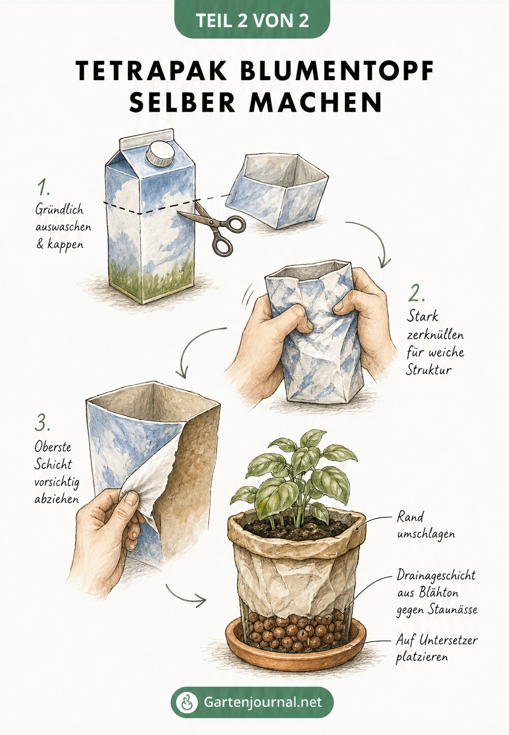 Schritt-für-Schritt-Zeichnung: Aus einer leeren Milchtüte wird ein Upcycling-Blumentopf mit Drainageschicht