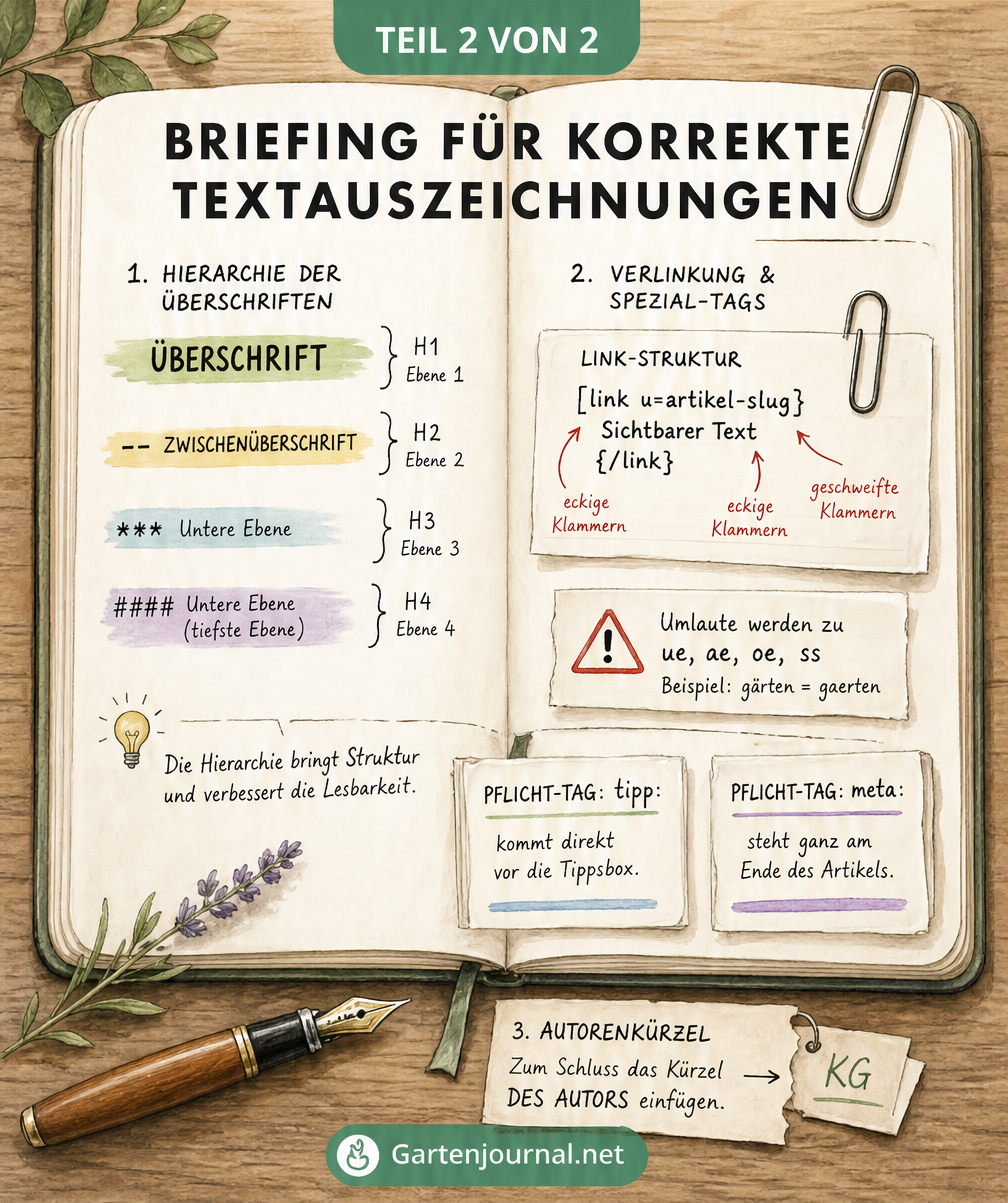 Illustriertes Notizbuch auf einem Schreibtisch mit Erklärungen zu Überschriften-Hierarchien, Verlinkungen und Spezial-Tags