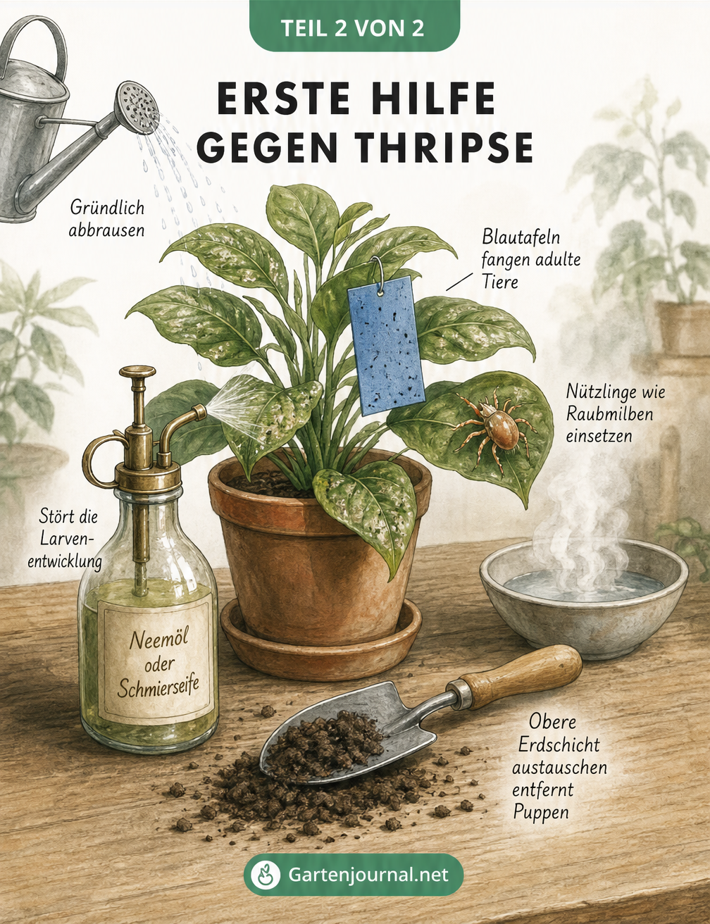 Illustration eines Pflanztisches mit einer befallenen Zimmerpflanze und verschiedenen Bekämpfungsmethoden wie Abbrausen, Blautafeln, Raubmilben und Neemöl