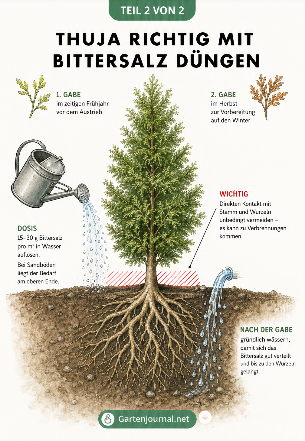 Illustration einer Thuja-Pflanze mit Wurzelballen, die die richtige Anwendung von Bittersalz zeigt: Dosierung, Vermeidung von Stammkontakt, gründliches Wässern...