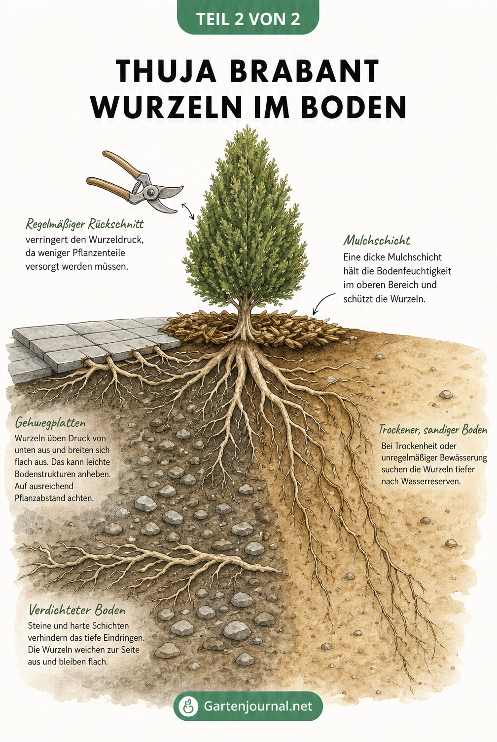 Querschnitt durch das Erdreich mit einer Thuja Brabant und verschiedenen Bodenbedingungen wie Trockenheit, Steinen und Gehwegplatten