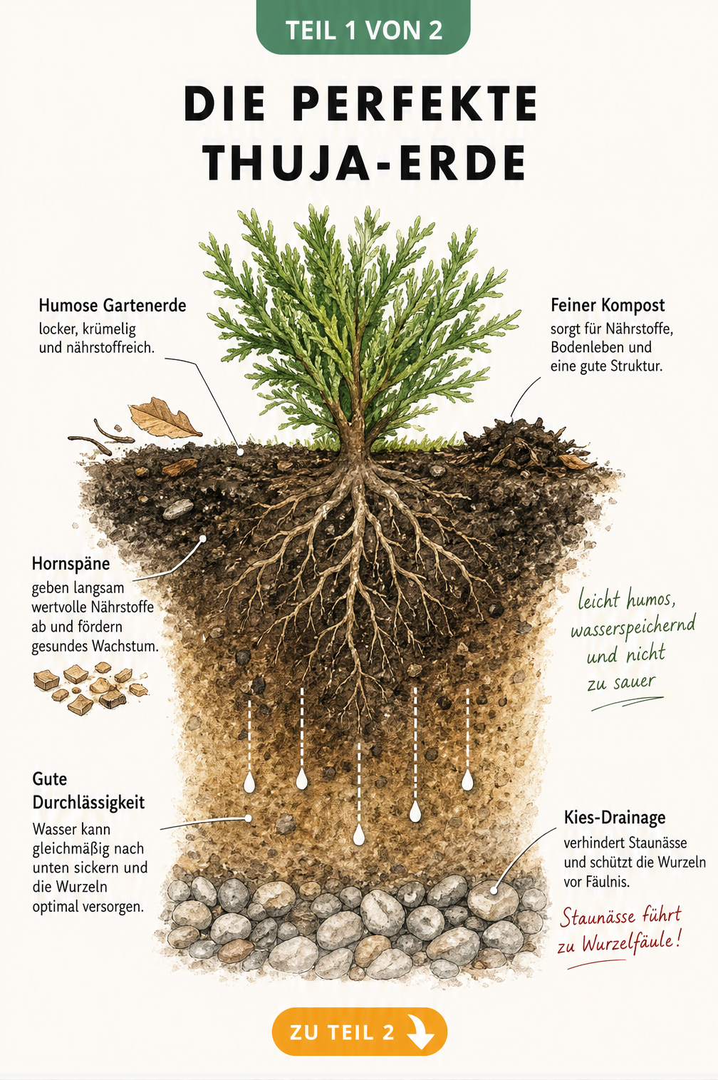 Querschnitt eines Thuja-Wurzelballens in idealer Erde mit Kompost, Hornspänen und Drainage-Schicht