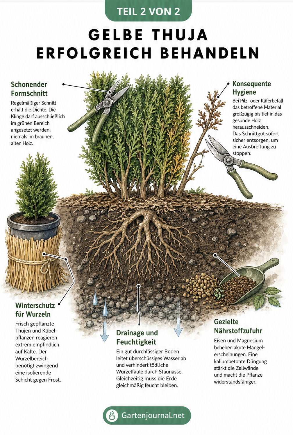 Querschnittszeichnung einer Thuja-Hecke, die Maßnahmen zur Behandlung gelber Verfärbungen wie Drainage, Nährstoffzufuhr, Winterschutz, schonenden Formschnitt...