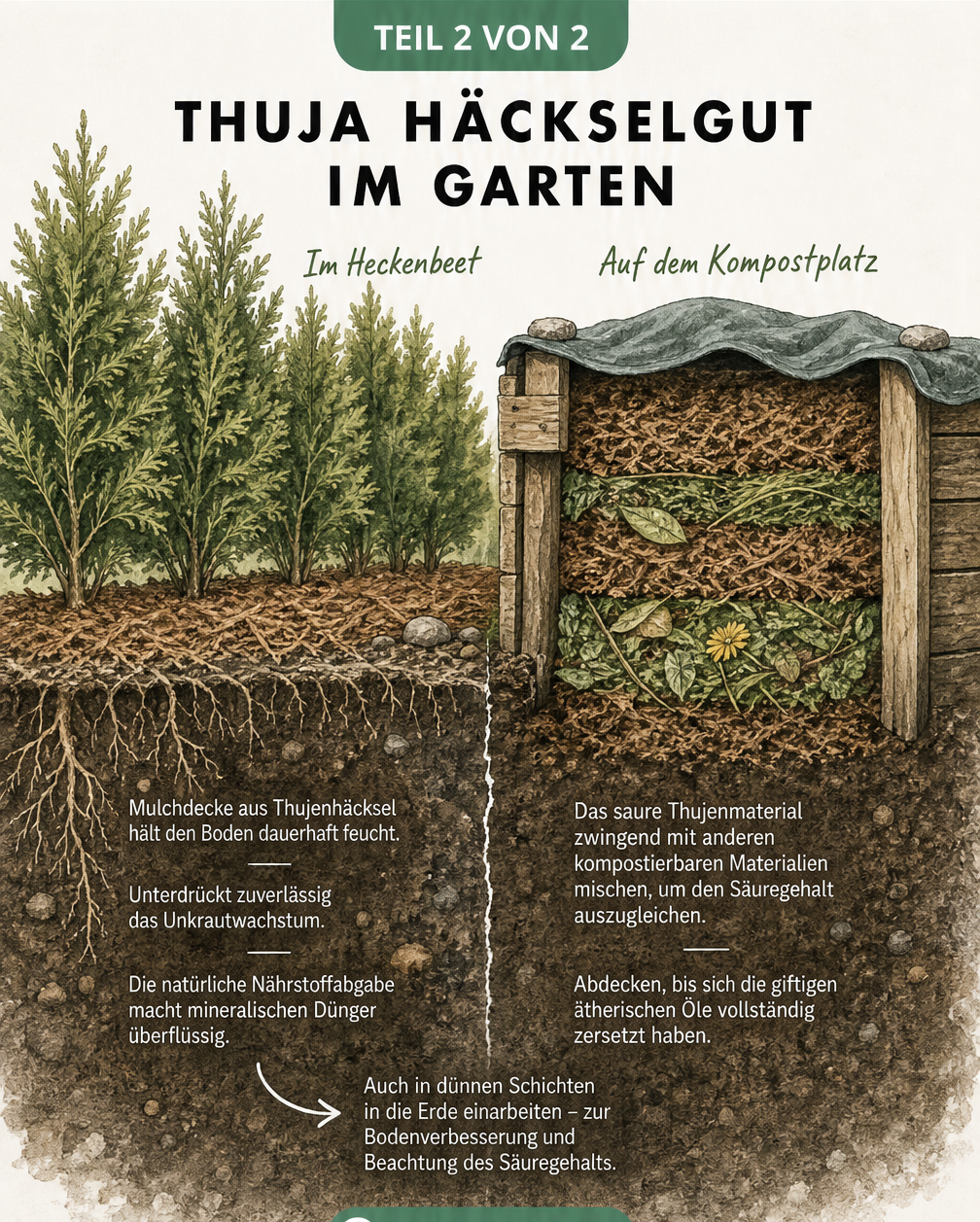 Schnittzeichnung eines Gartens mit Thuja-Hecke, Mulchschicht und Kompostbehälter