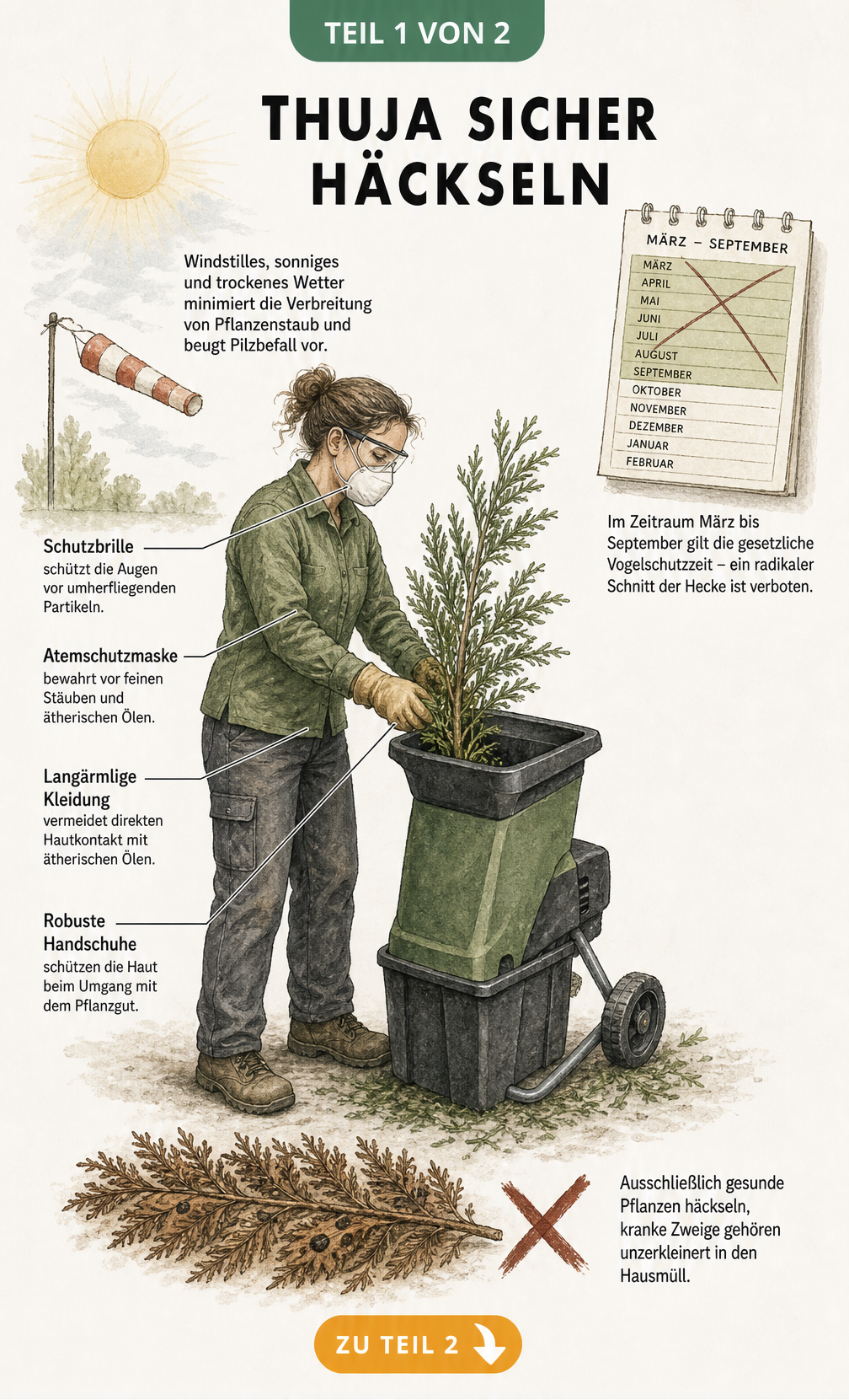 Illustration einer Person beim Häckseln von Thujazweigen mit Schutzkleidung, Wetterbedingungen und Vogelschutzzeit