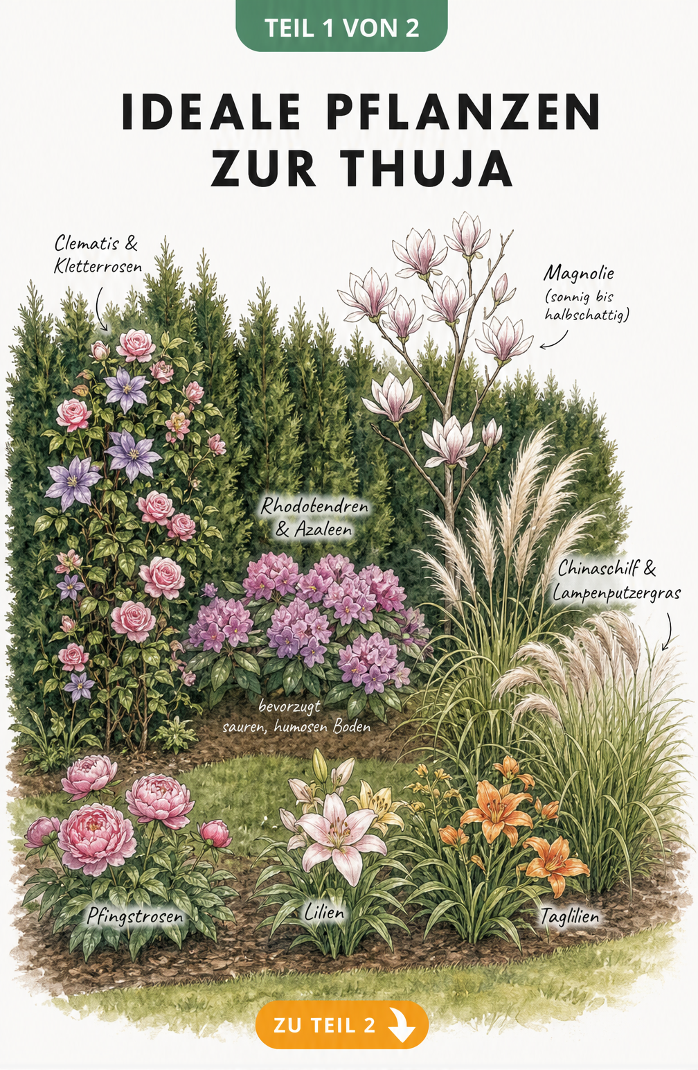 Botanische Illustration einer Thuja-Hecke mit passenden Begleitpflanzen wie Clematis, Magnolie, Rhododendron und Gräsern