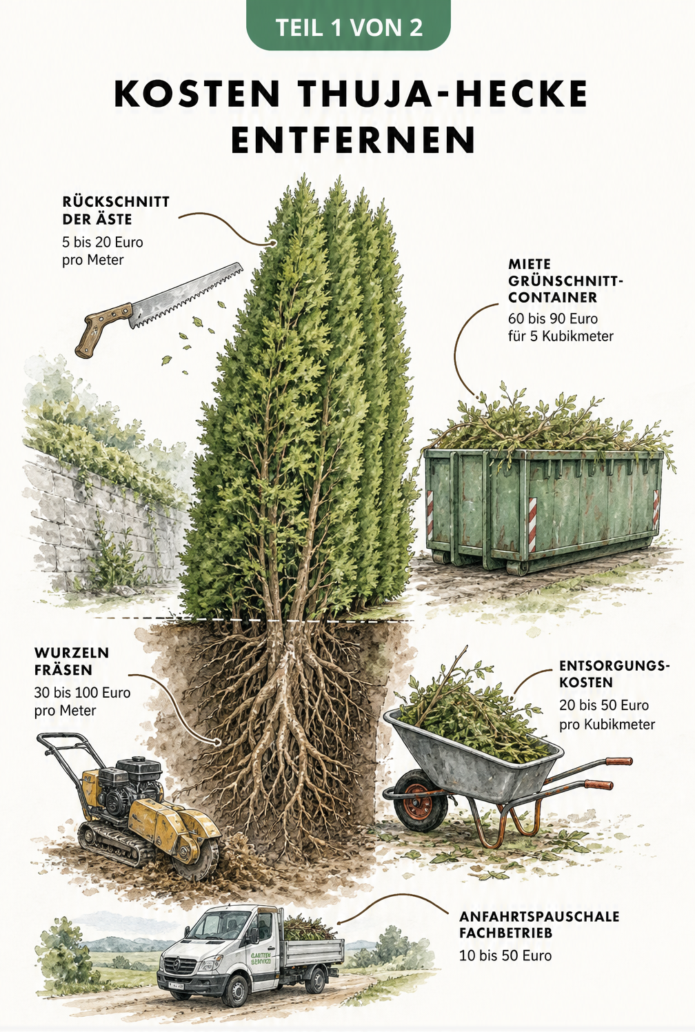 Querschnitt einer Thuja-Hecke mit Preisspannen für Rückschnitt, Wurzelfräsen, Container, Entsorgung und Anfahrt