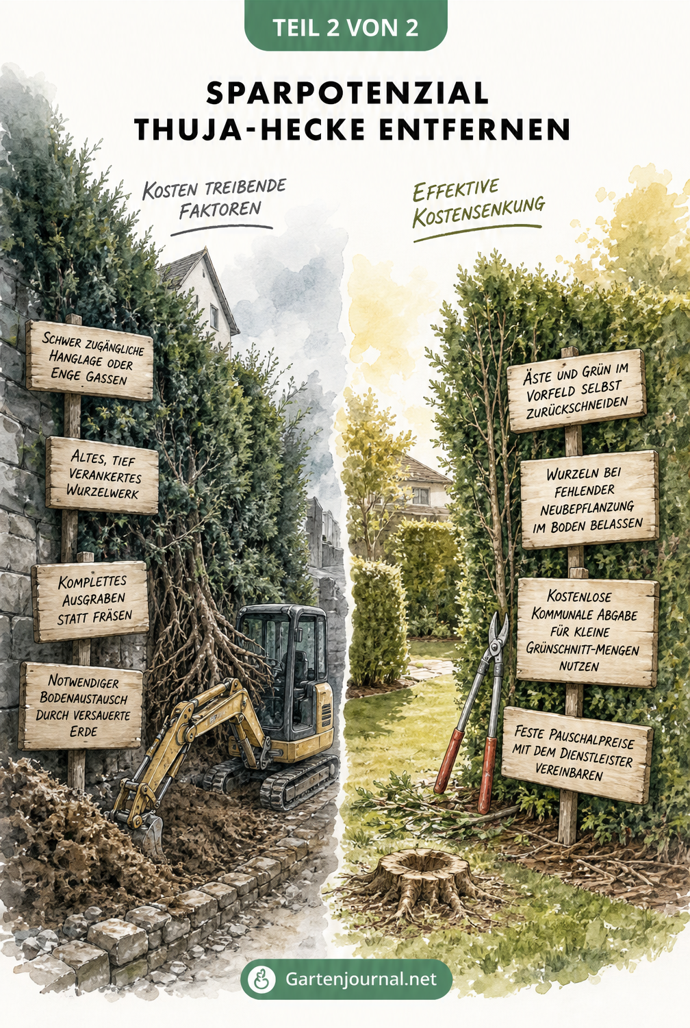 Zweigeteilte Illustration: Links teure Faktoren wie Hanglage und Ausgraben, rechts Sparmaßnahmen wie Eigenleistung und Wurzelerhalt