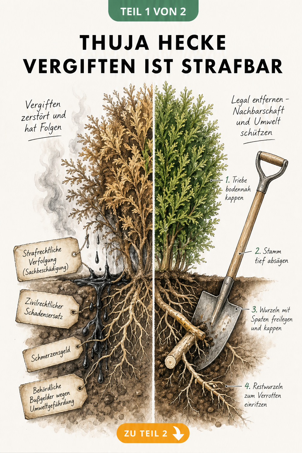 Querschnitt einer Thuja-Hecke, die links durch Gift abstirbt und rechts legal mit einem Spaten entfernt wird