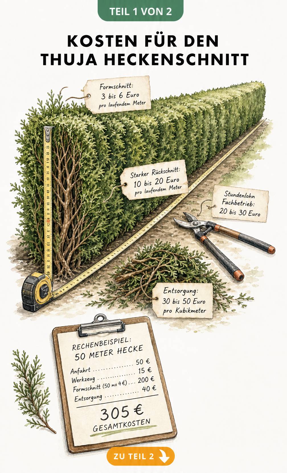 Illustration einer Thuja-Hecke mit Maßband und Preisen für Formschnitt, Rückschnitt und Entsorgung