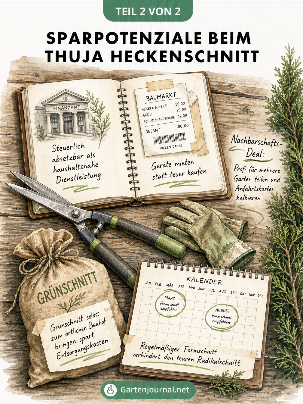 Gartentisch mit Heckenschere, Notizbuch und Tipps zum Sparen beim Heckenschnitt