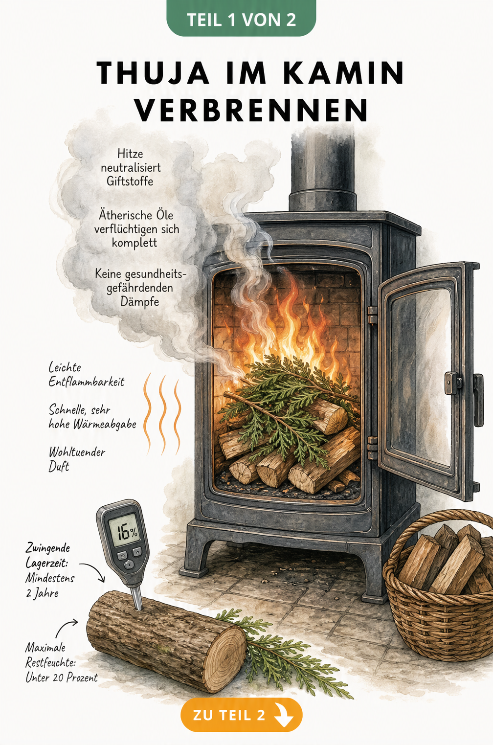 Illustration eines Kaminofens mit brennendem Thuja-Holz, Rauchschwaden und einem Feuchtigkeitsmessgerät im Holzscheit.