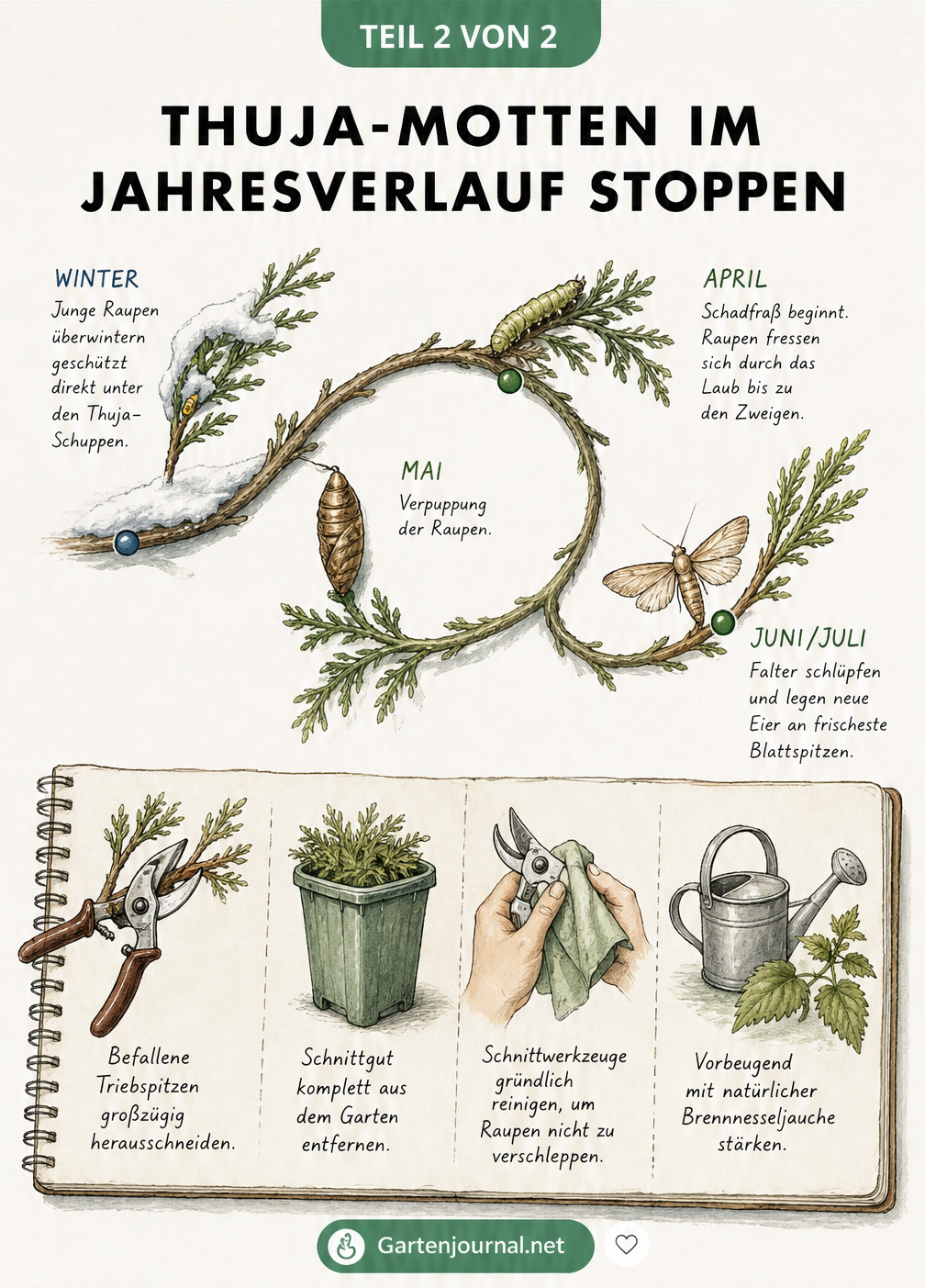 Zeitachse in Form eines Thuja-Triebs, die den Lebenszyklus der Thuja-Motten vom Winter bis zum Sommer zeigt, ergänzt durch illustrierte Bekämpfungsmaßnahmen.