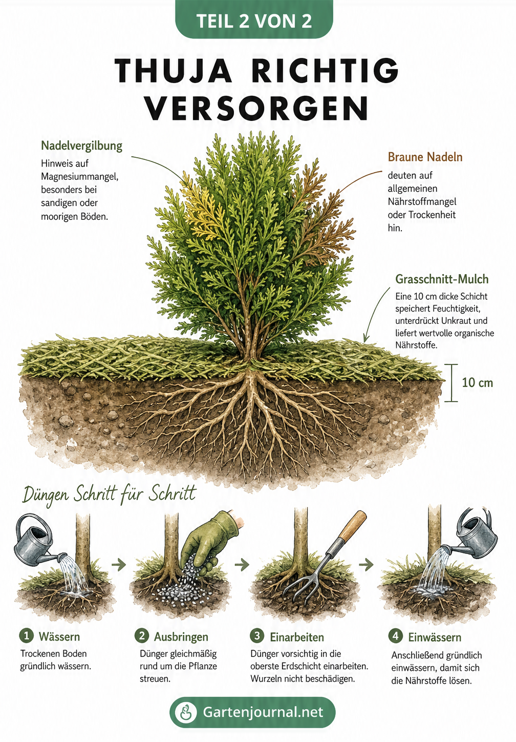 Querschnitt einer Thuja-Pflanze mit Anzeichen für Nährstoffmangel, Mulchschicht und Anleitung zum Düngen