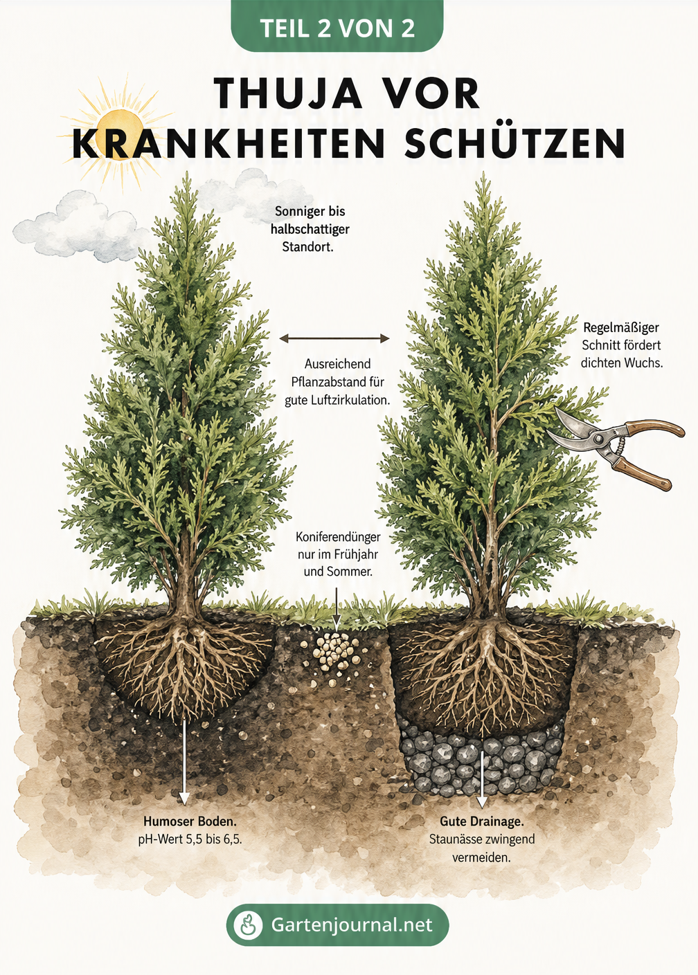 Querschnitt eines Gartenbeets mit zwei Thujen, der den idealen Pflanzabstand, Boden, Drainage und Schnitt zeigt