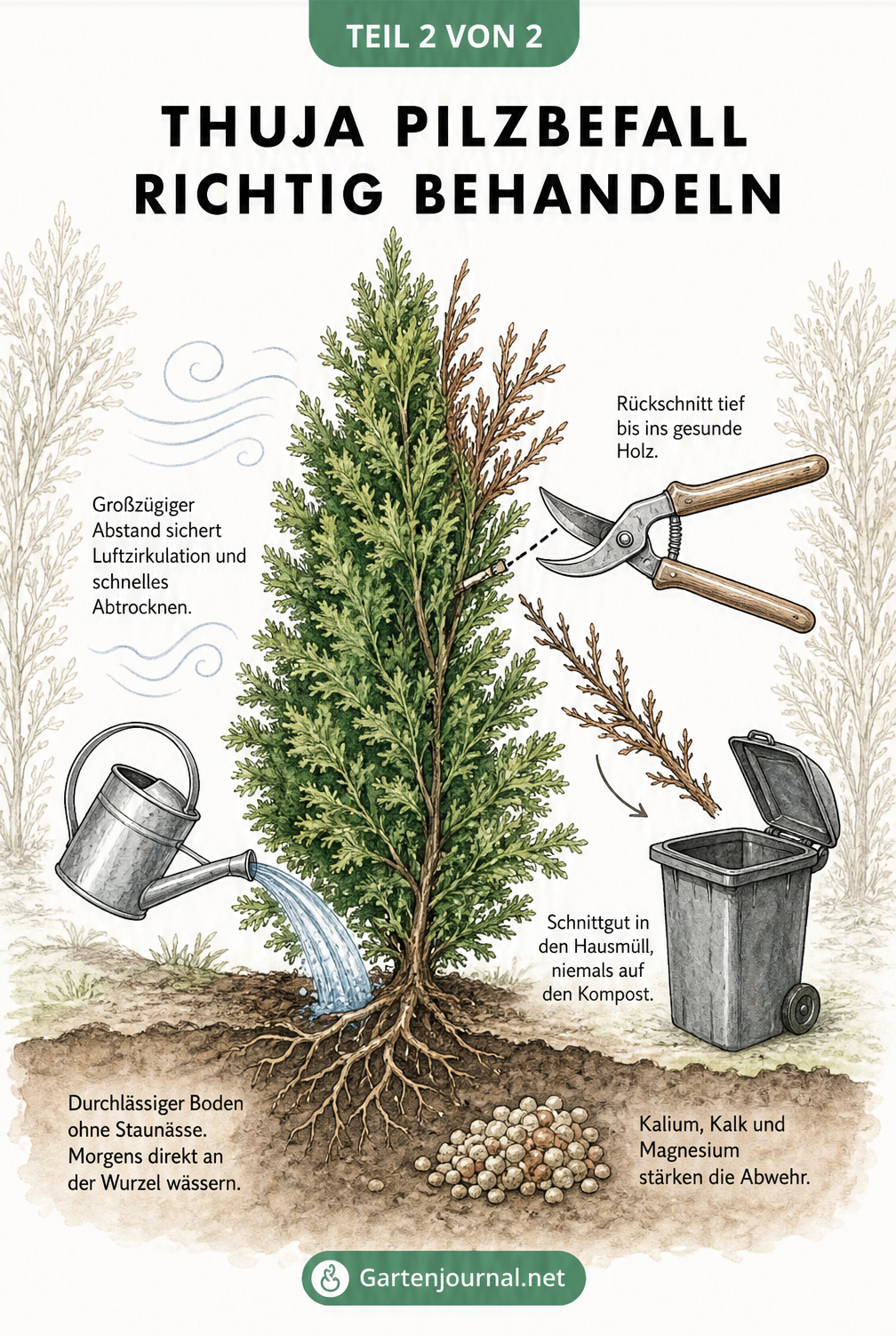 Querschnitt einer Thuja-Pflanzung: links gesundes Wachstum mit durchlässigem Boden und Bewässerung an der Wurzel, rechts Rückschnitt eines braunen Astes bis...