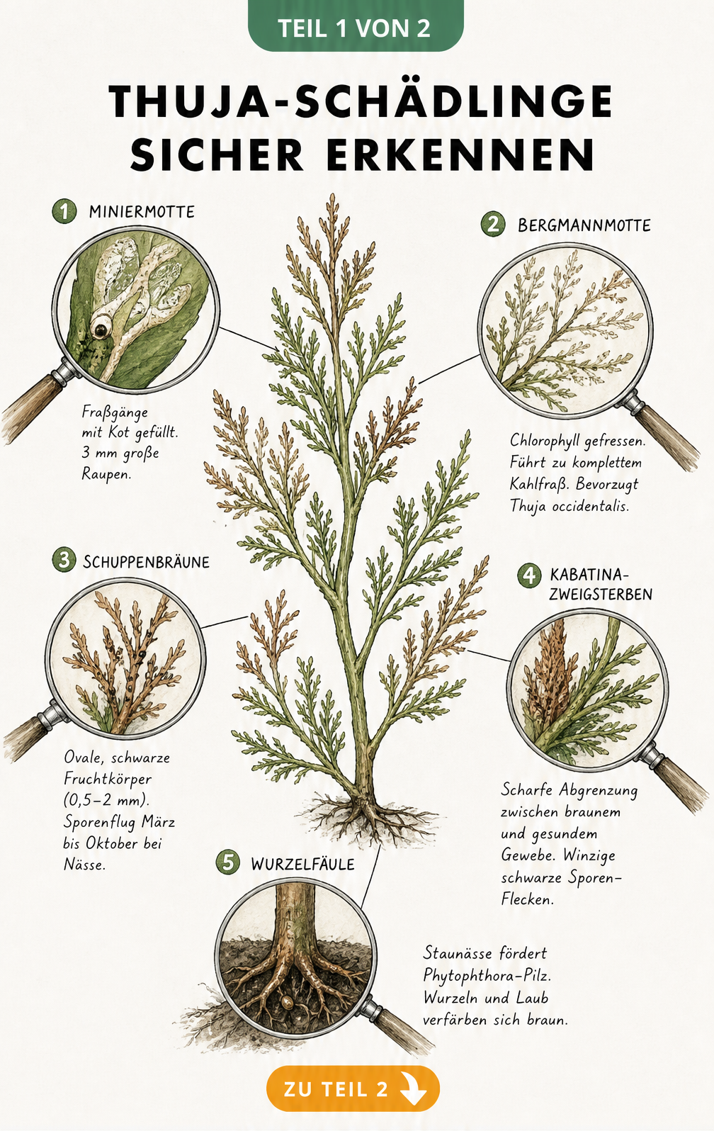 Botanische Illustration eines Thuja-Zweigs mit Lupen-Ausschnitten, die Schadbilder von Miniermotte, Bergmannmotte, Schuppenbräune, Kabatina-Zweigsterben und...