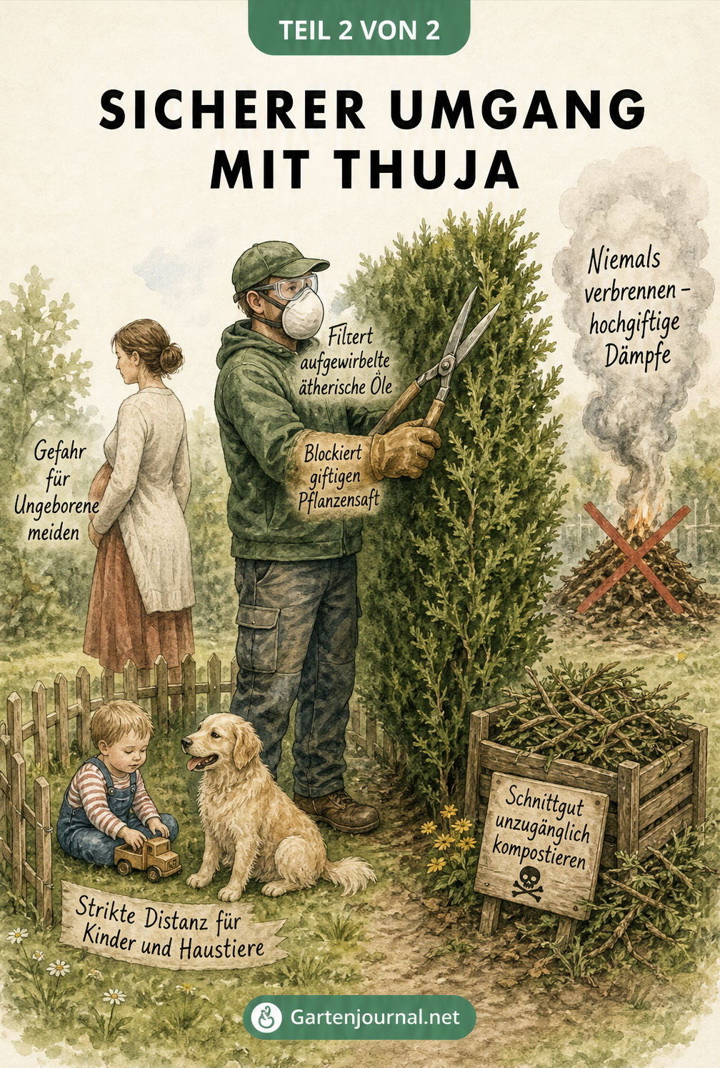 Illustration einer Person beim Schneiden einer Thuja-Hecke mit Schutzkleidung, während Kinder und Hunde Abstand halten.