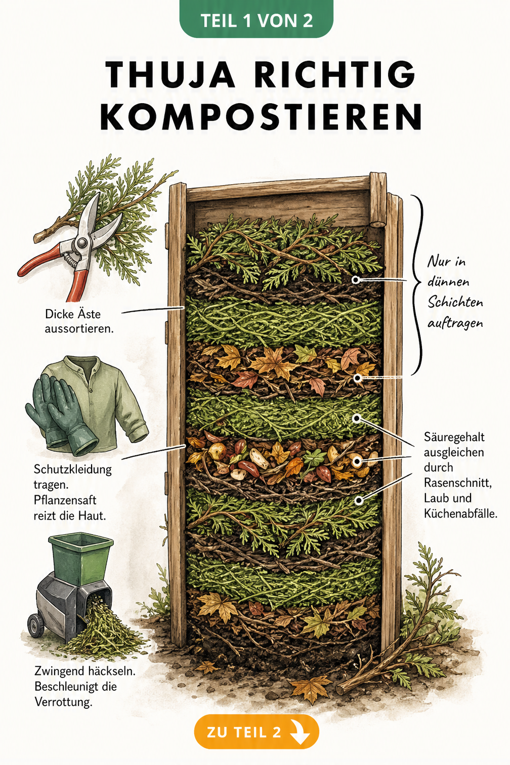 Illustration eines Kompostbehälters im Schichtmodell mit Vignetten zur Vorbereitung von Thuja-Schnittgut
