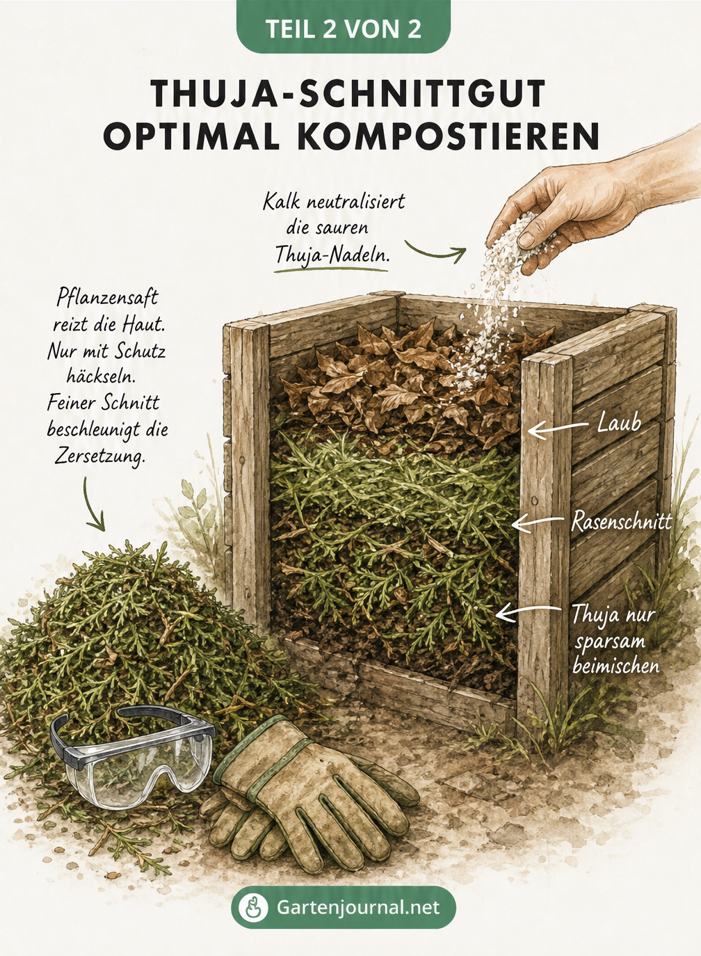Zeichnung eines Holzkomposters mit gehäckselten Thuja-Zweigen, Laub, Rasenschnitt und Kalk