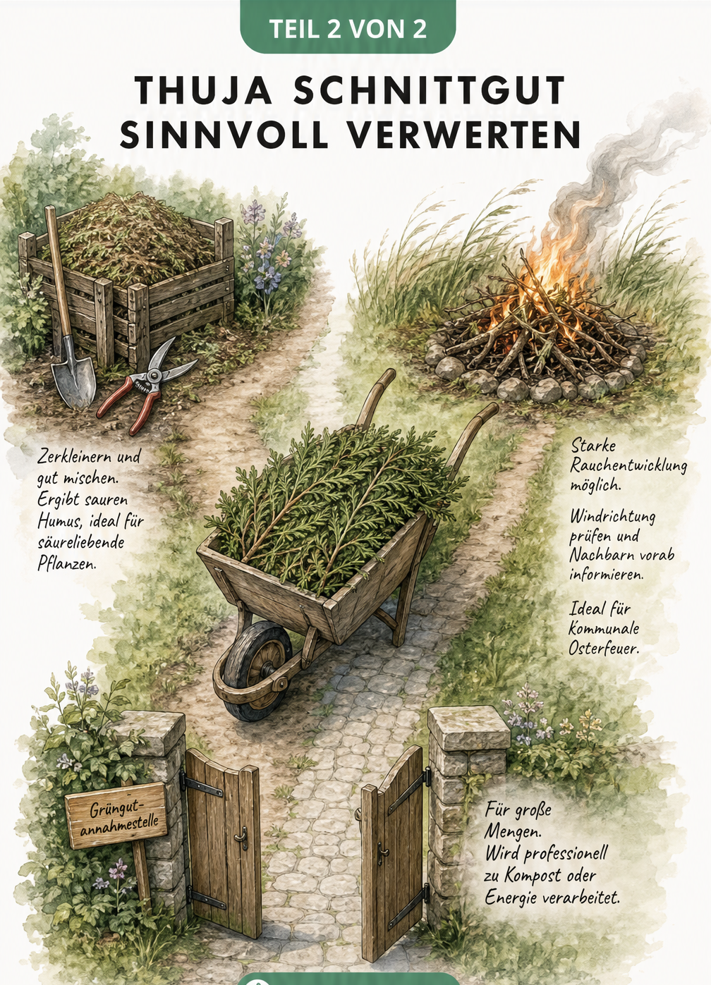 Gartenszene aus der Vogelperspektive mit einer Schubkarre voller Thuja-Zweige, einem Komposthaufen, einem Astfeuer und einer Grüngutannahmestelle.