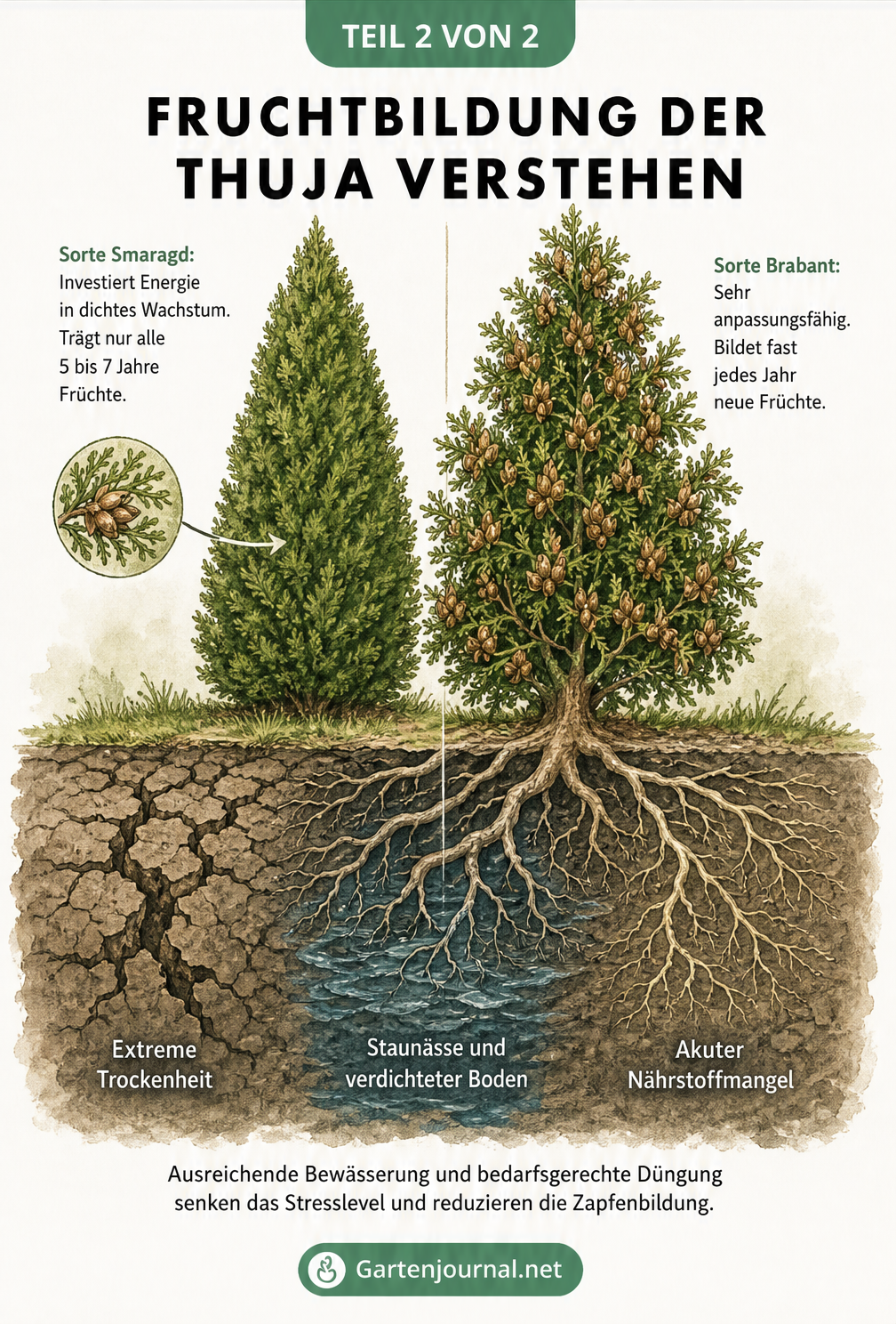 Vergleich der Thuja-Sorten Smaragd und Brabant bezüglich Fruchtbildung und Stressfaktoren wie Trockenheit