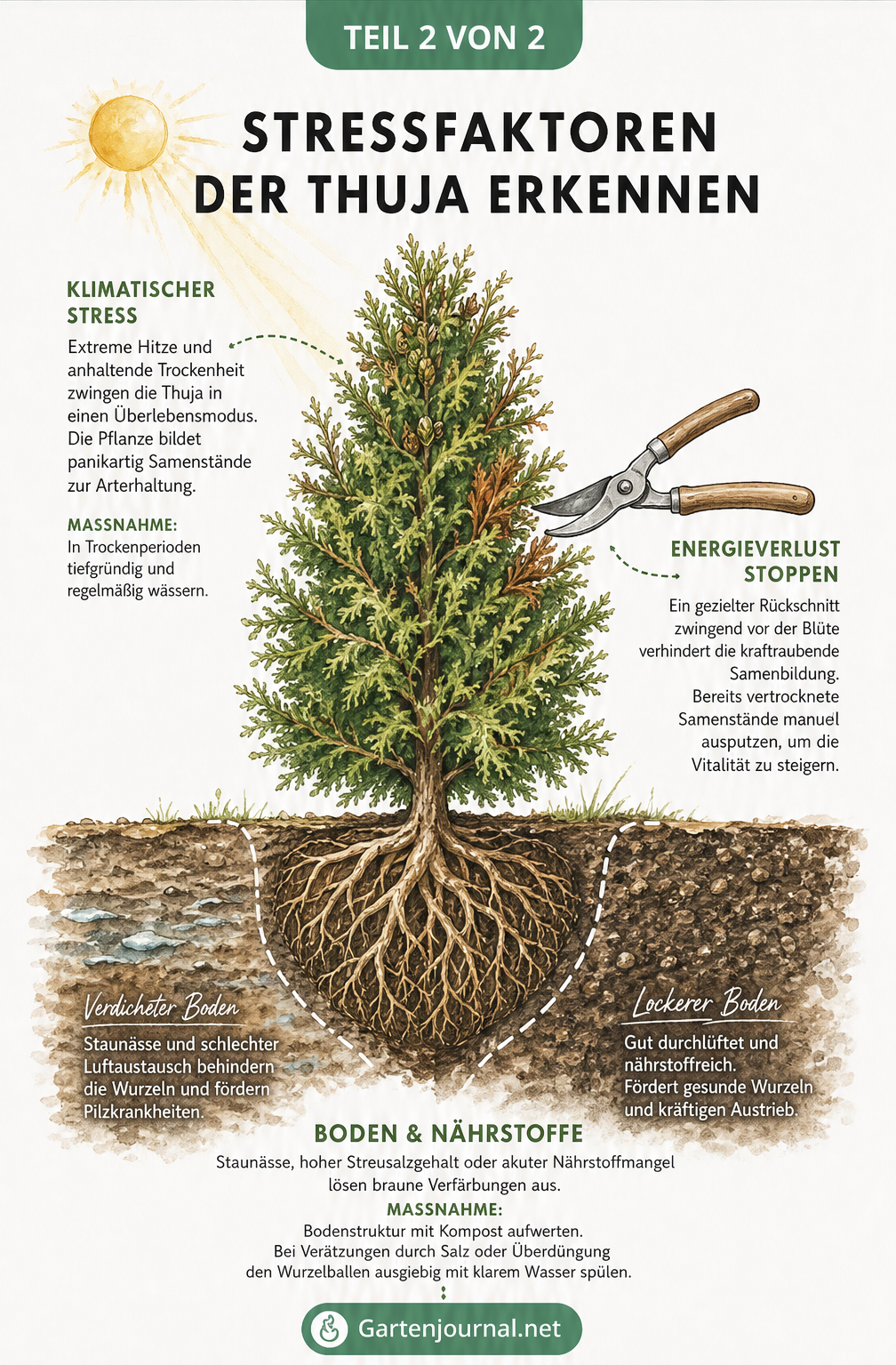 Querschnitt einer Thuja-Pflanze, der Stressfaktoren wie Hitze, Trockenheit und Bodenprobleme sowie entsprechende Gegenmaßnahmen zeigt.