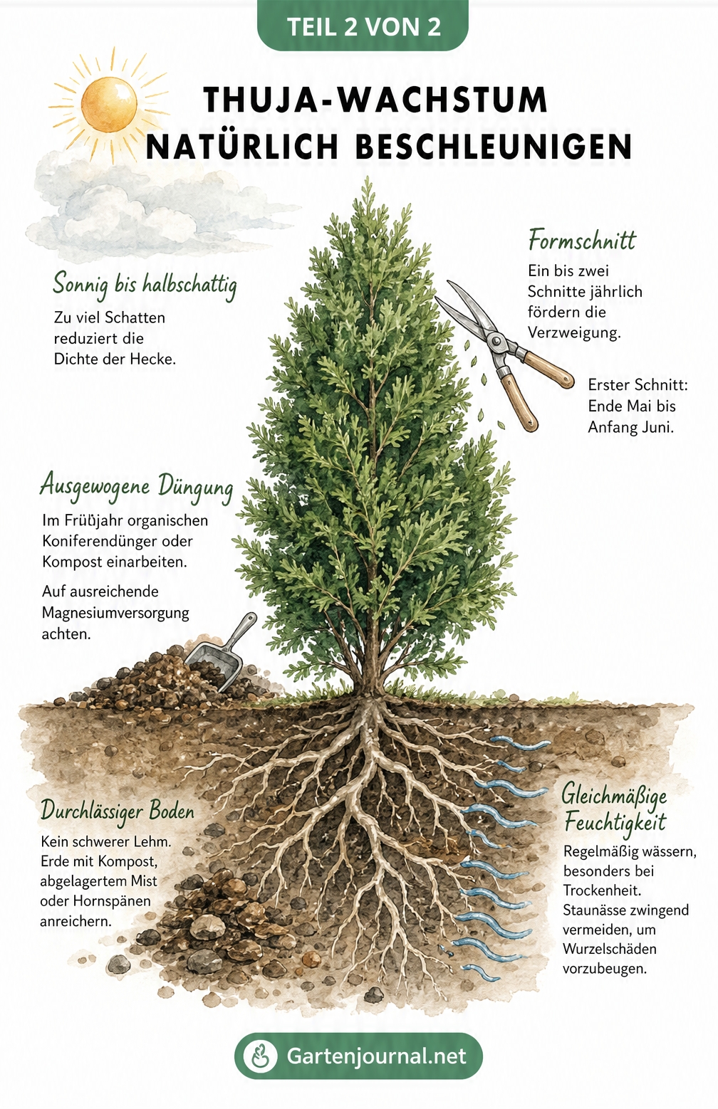 Schnittzeichnung einer Thuja-Pflanze mit Tipps zu Standort, Formschnitt, Düngung, Boden und Feuchtigkeit.