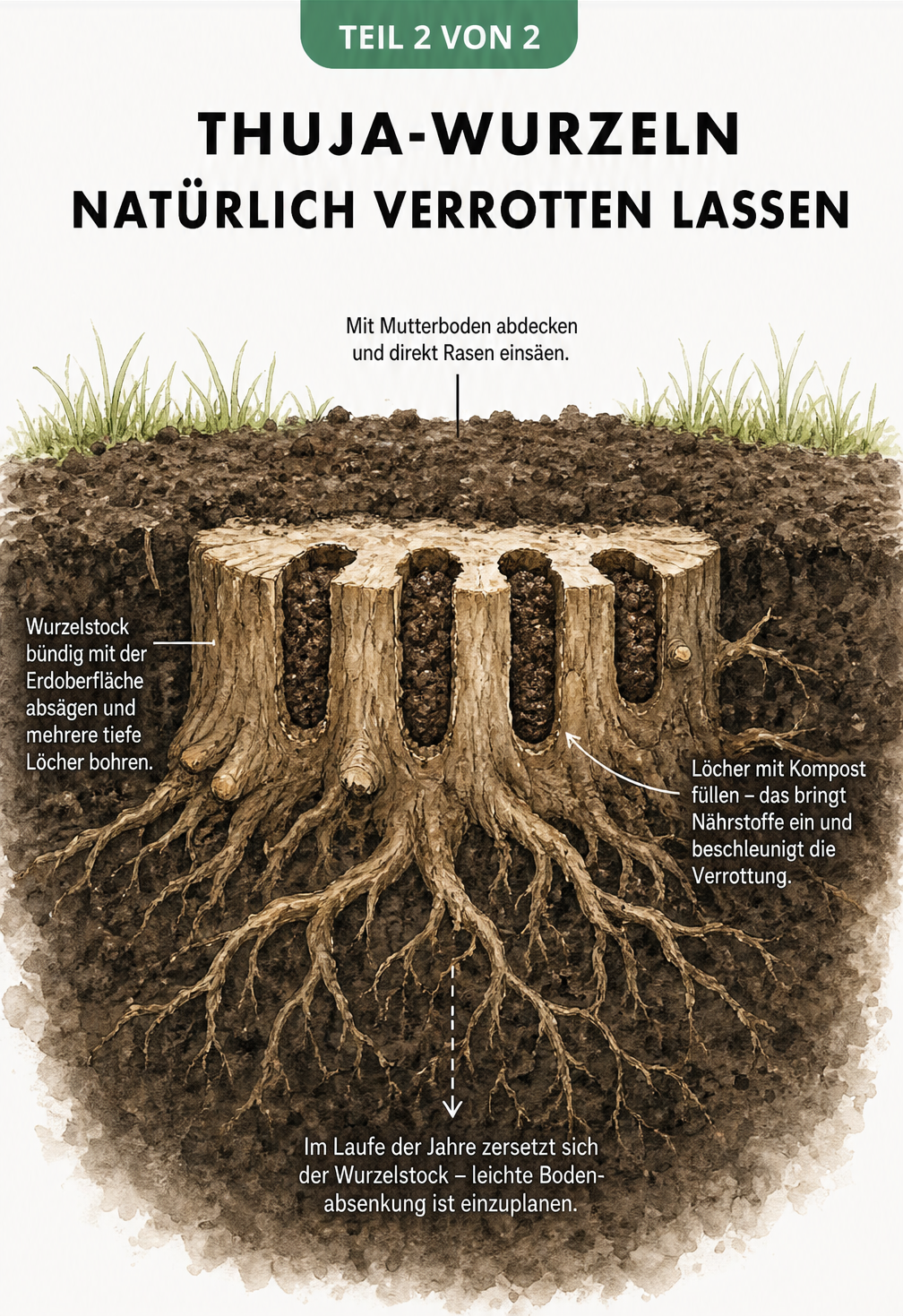 Querschnitt eines bündig abgesägten Thuja-Wurzelrests mit gebohrten Löchern, die mit Kompost gefüllt sind