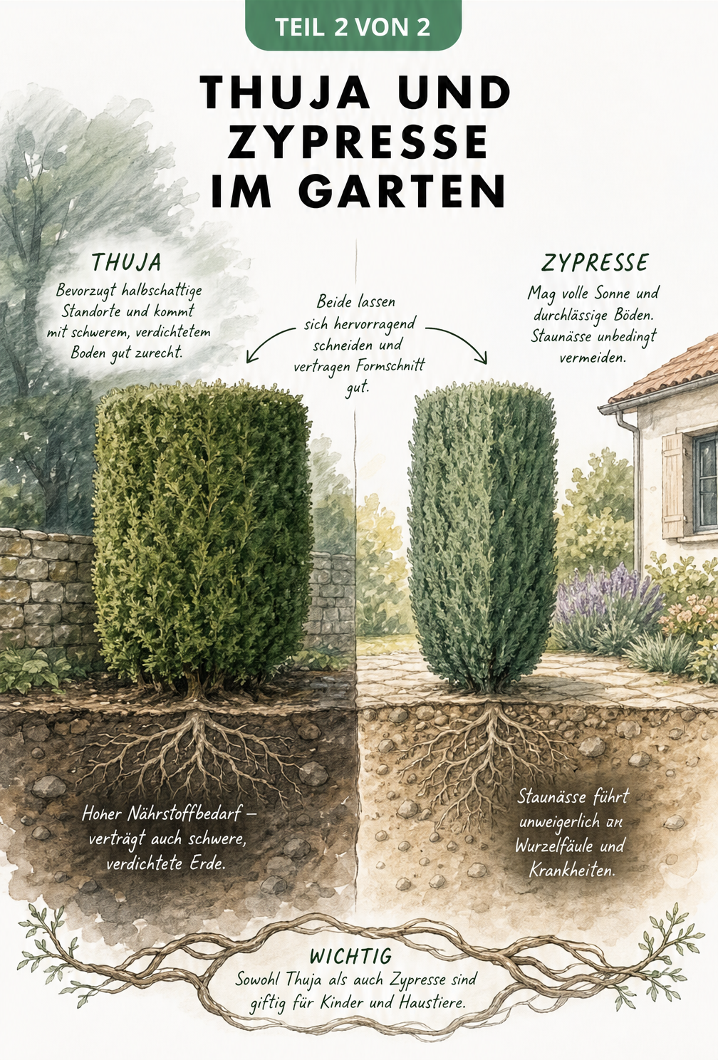 Illustration eines Gartens mit Thuja im Schatten und Zypresse in der Sonne, inklusive Wurzelbereich und Bodenbeschaffenheit.