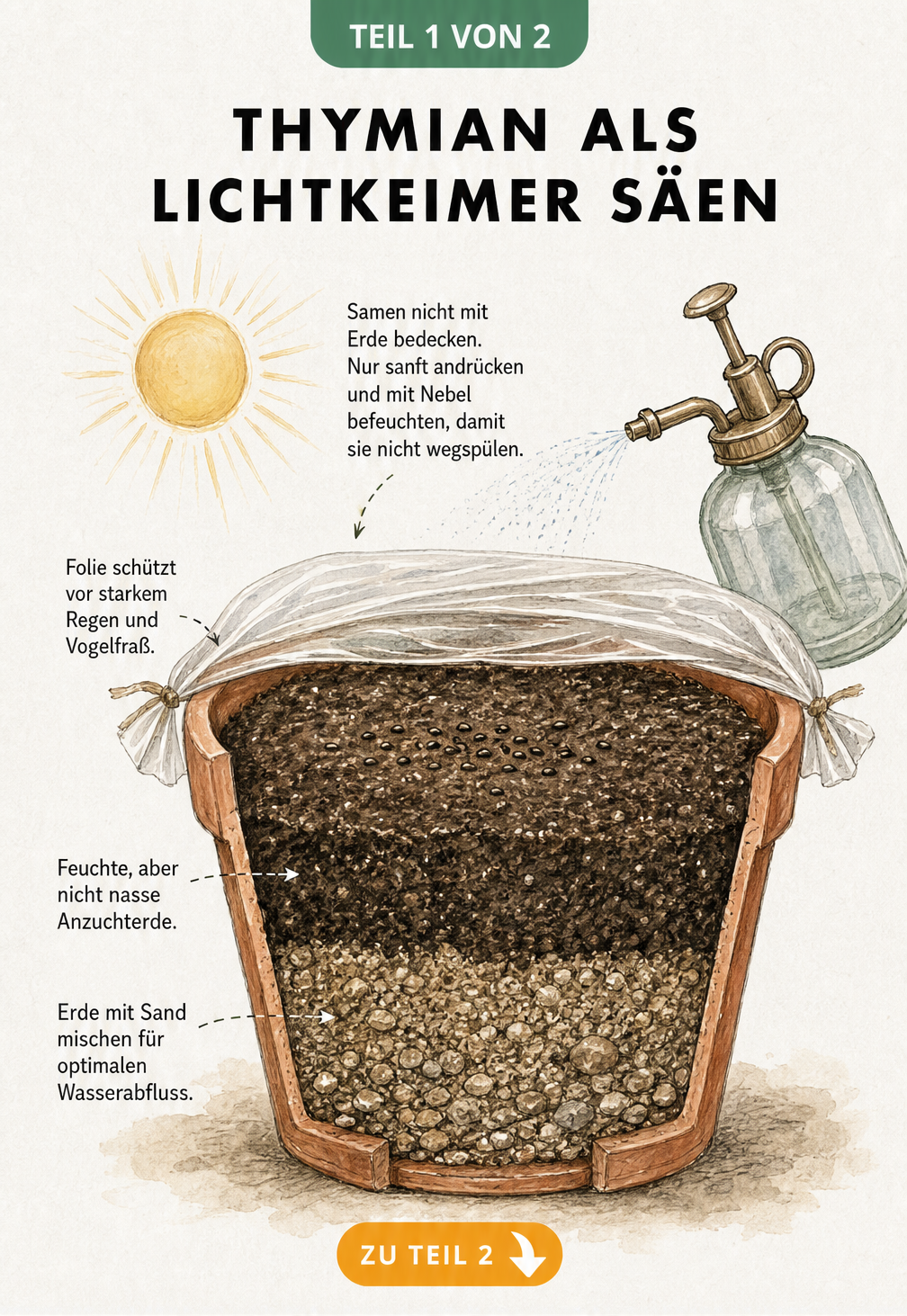 Querschnitt eines bepflanzten Terrakotta-Topfes mit Thymiansamen auf der Erde, die mit Wasser besprüht werden.