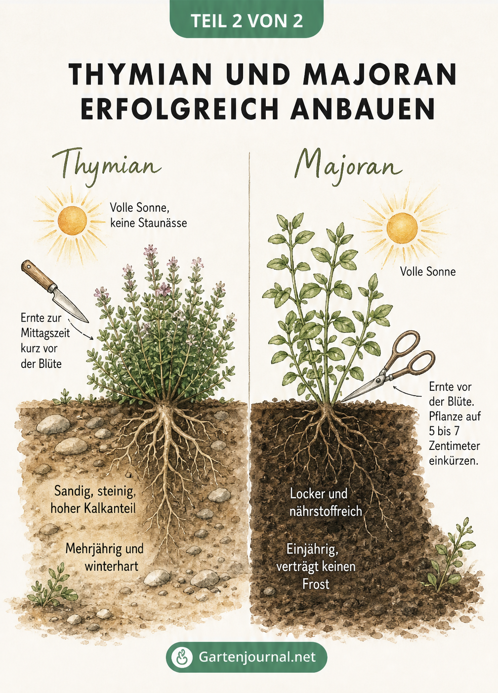 Querschnitt durch zwei Gartenbeete mit Thymian und Majoran und deren Standortansprüchen
