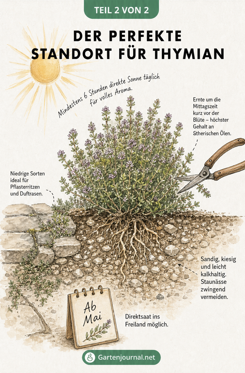 Illustration einer blühenden Thymianpflanze in mediterraner Umgebung mit Sonne und Gartenschere.